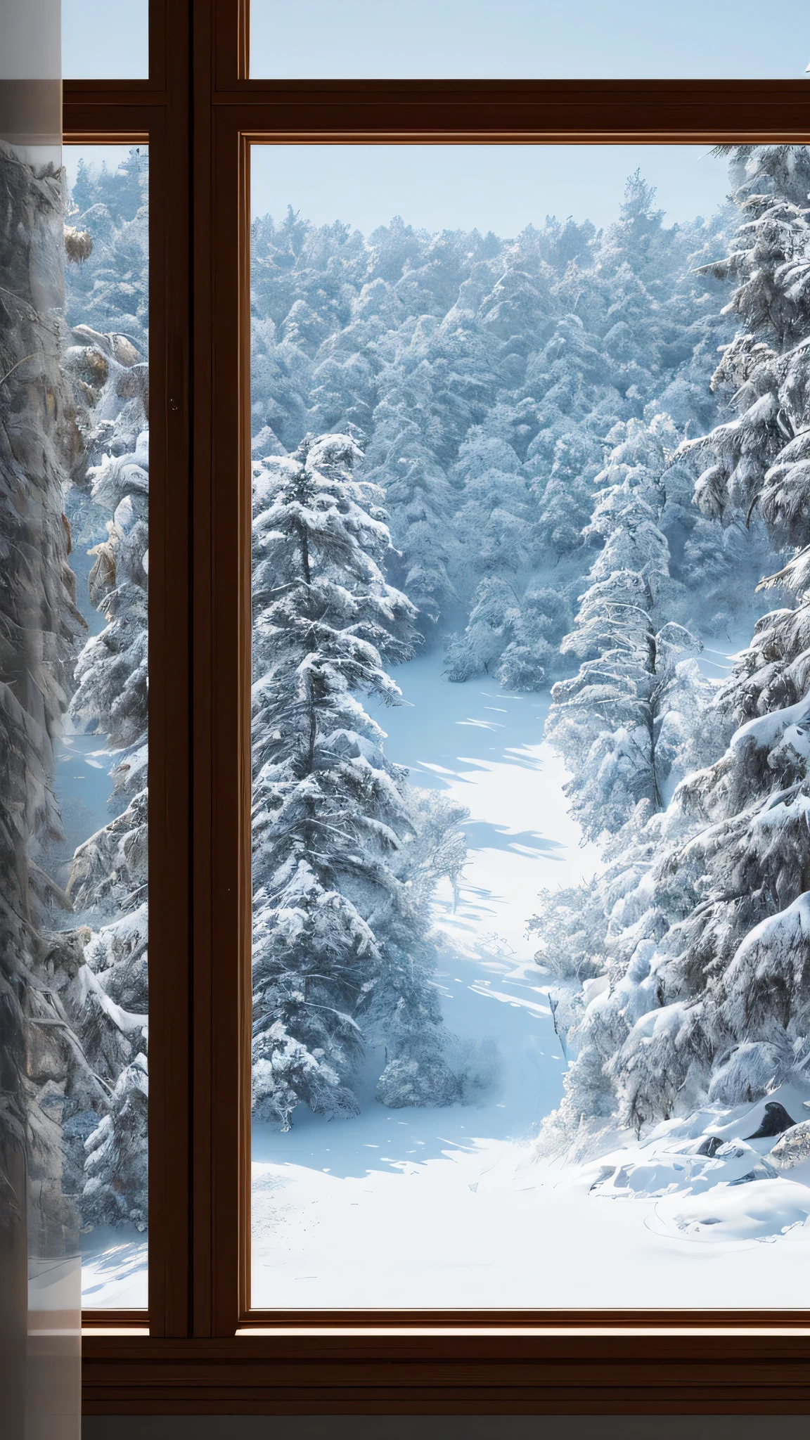 (Highly detailed CG Unity 8K wallpaper、masterpiece、highest quality、Super detailed)、(best lighting、best shadow、very delicate and beautiful)、highest quality、8K、Detailed facial depiction、masterpiece、highest quality、clear image quality、Photo of snowy scenery seen from the window