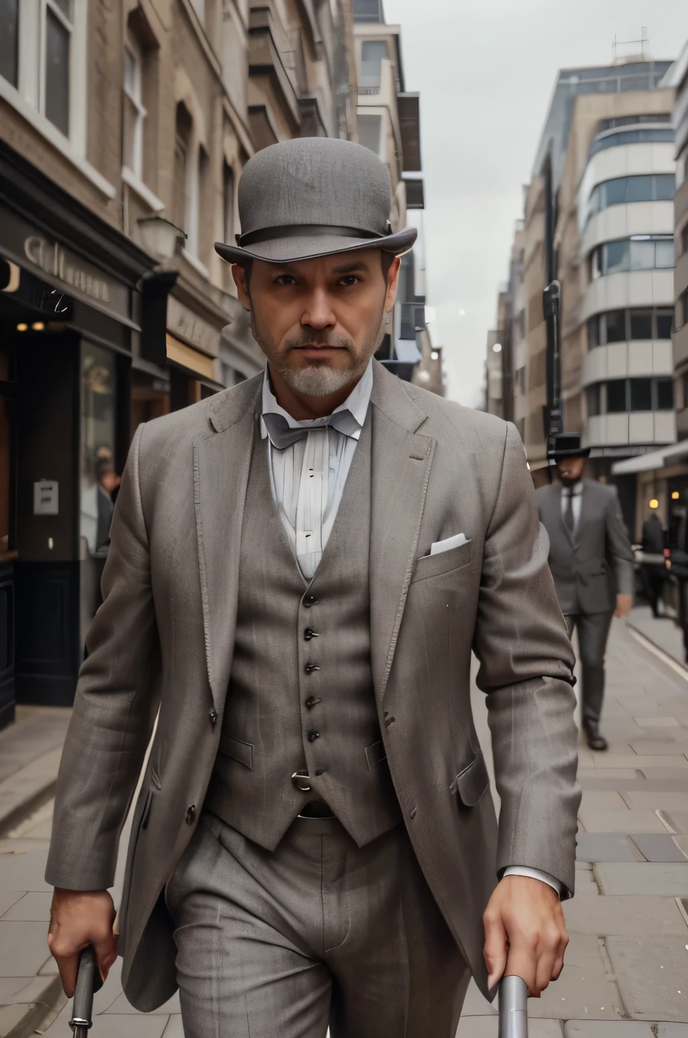 A gentleman in his late 40's, ((light brown greying hair and short beard)), ((wearing a grey suit and bowler hat, carrying a silver topped walking cane)), walking, London street, (piercing eyes), Ewan macgregor, depth of field, wide shot, retina, anatomically correct, textured skin, 8k