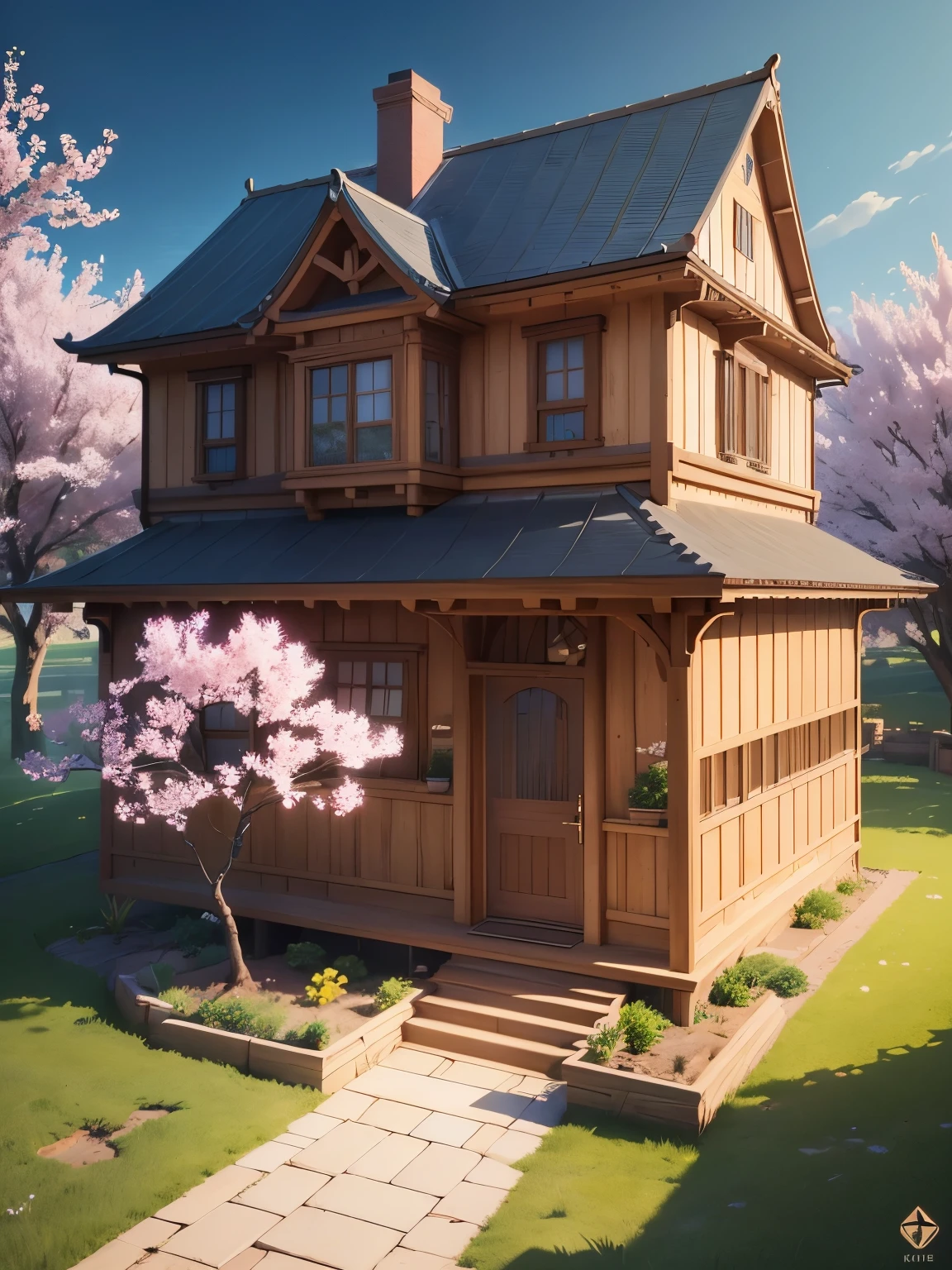 ((masterpiece、very detailed、CG Unity 8k、best quality、very detailed：1.2))、(Top quality: 1.2)、 The exterior of the house、white and pink house、cherry blossoms、(best illustrations)、 (beautiful lighting)、Isometric 3D、octane rendering、ray tracing、Super detailed、fairy tale、Cartoon、Cartoon design style、Beautifully detailed digital art, In a Sweet Earth Style House、movie、Super detailedなレンダリング、fantastic world housing 、 2D game isometric camera view