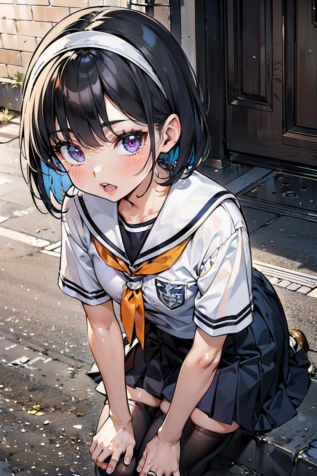 body 8 times longer than head, (Highly detailed CG unity 8k), (highest quality),(very detailed),(ultra high resolution), black hair, High school girl wearing a navy sailor suit, Anime 2D rendering, realistic young anime high school girl, ((White headband)), purple eyes, small breasts, tall, slanted eyes, (school scenery), black stockings, bright color, open your mouth, Dark blue skirt, bob cut, position looking down from above, tripping on the right foot, lean forward, bend your knees, sit, Put your butt on the ground, pose of looking back,