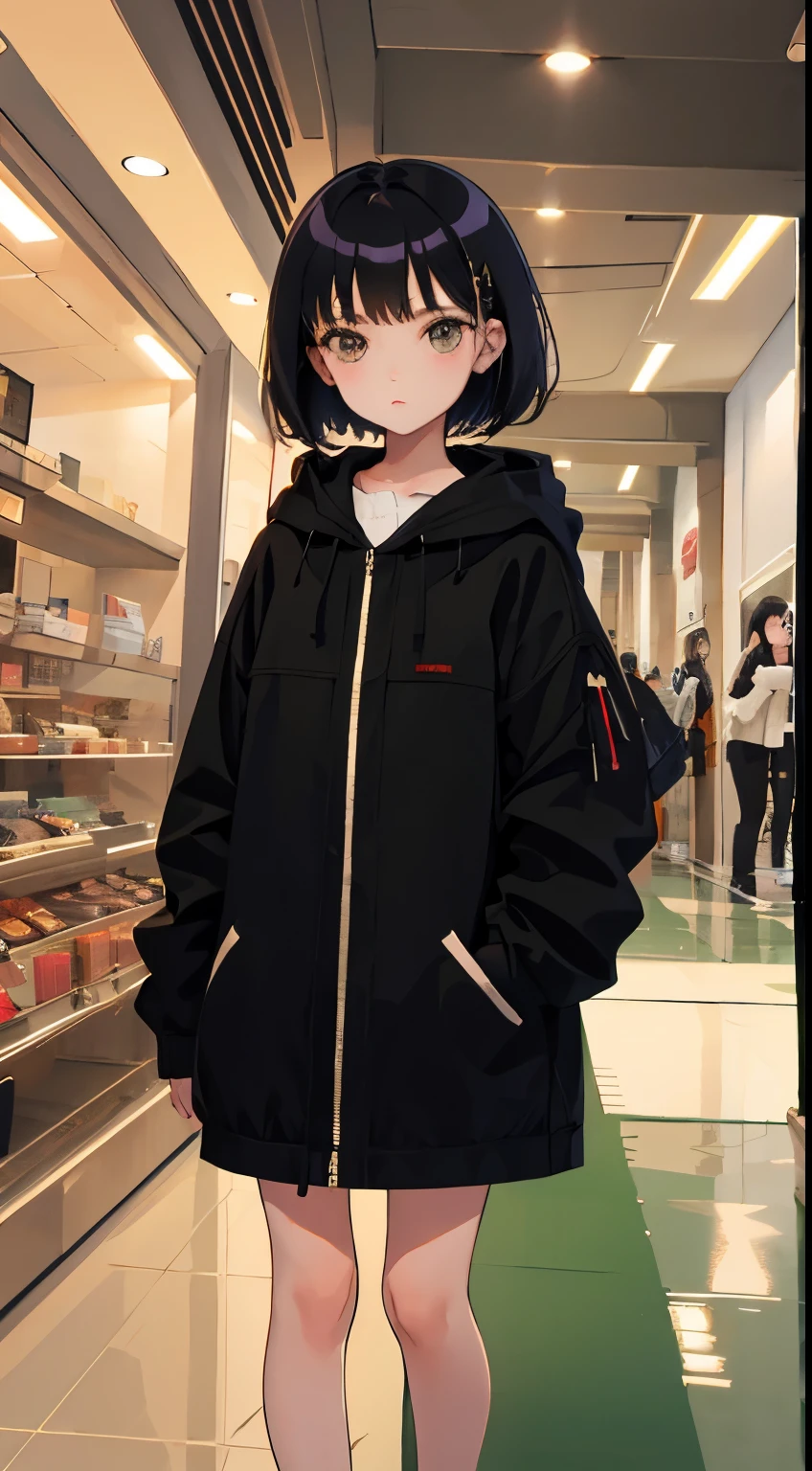 (short cute girl， young studeg delicate girl）,（masterpiece，Top quality)，black hair，Beige duffel coat