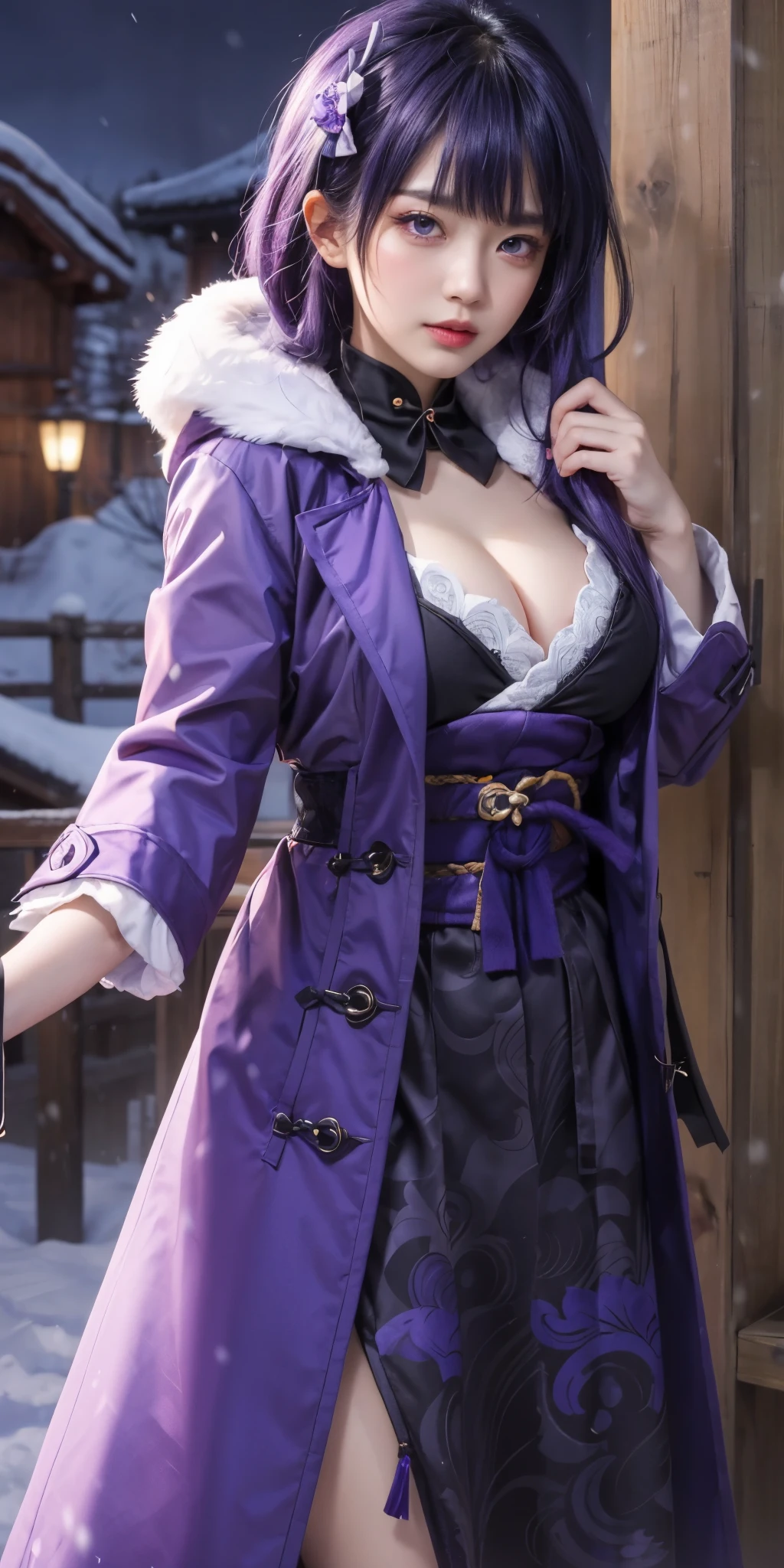 (best quality:1.4), (high quality:1.4), beautiful girl in purple coat holding a pumpkin in snowy area, fine details, extremely detailed reallistic, 4k, reallistic in the style, girls photoshoot style, purple detailed, purple hair, detailed purple hair, purple eyes, detailed purple eyes, ((big breast)), (detailed big breast), raiden shogun, ei, genshin impact, raidenshogun, raidenshogun reallistic, detailed lihgt eyes,