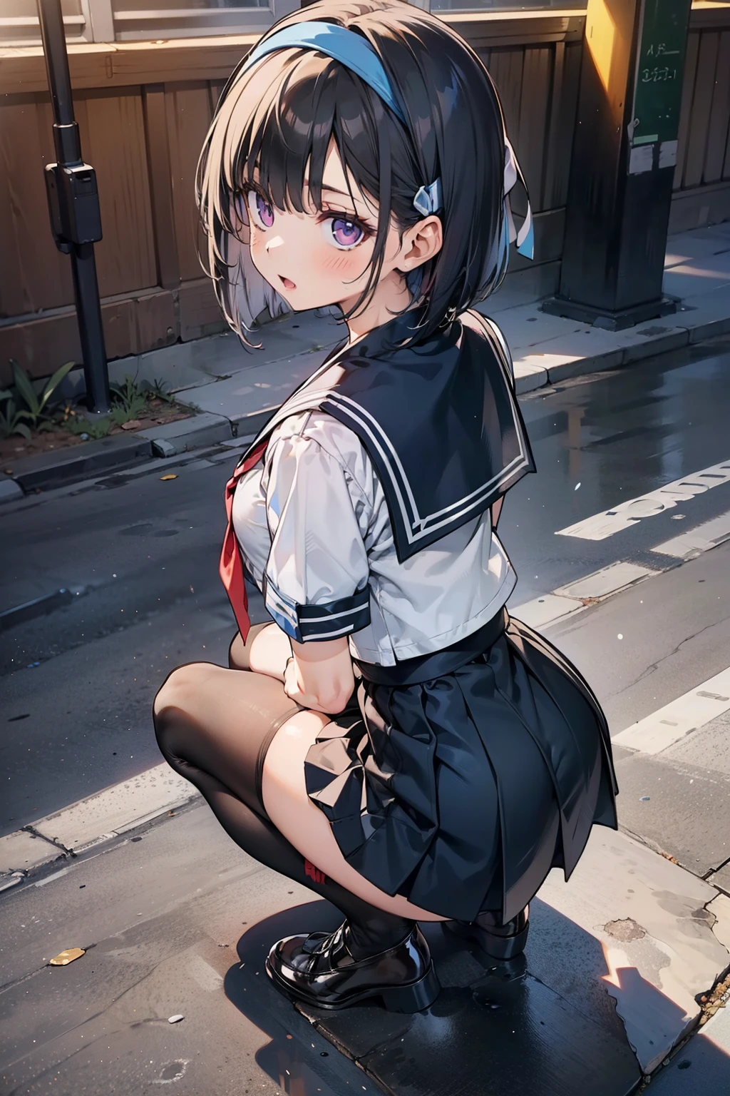 body 8 times longer than head, (Highly detailed CG unity 8k), (highest quality)，(very detailed)，(ultra high resolution), black hair, High school girl wearing a navy sailor suit, Anime 2D rendering, realistic young anime high school girl, ((White headband)), purple eyes, small breasts, tall, slanted eyes, (school scenery), black stockings, bright color, open your mouth, Dark blue skirt, bob cut, position looking down from above, tripping on the right foot, lean forward, bend your knees, sit, Put your butt on the ground,  pose of looking back, 