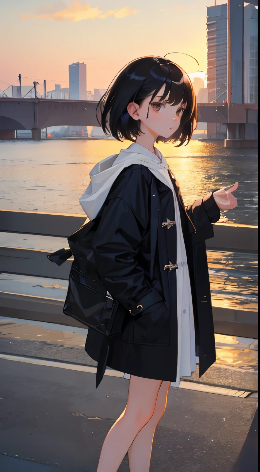 (short cute girl, young studeg delicate girl),(masterpiece,Top quality),black hair,duffle coat