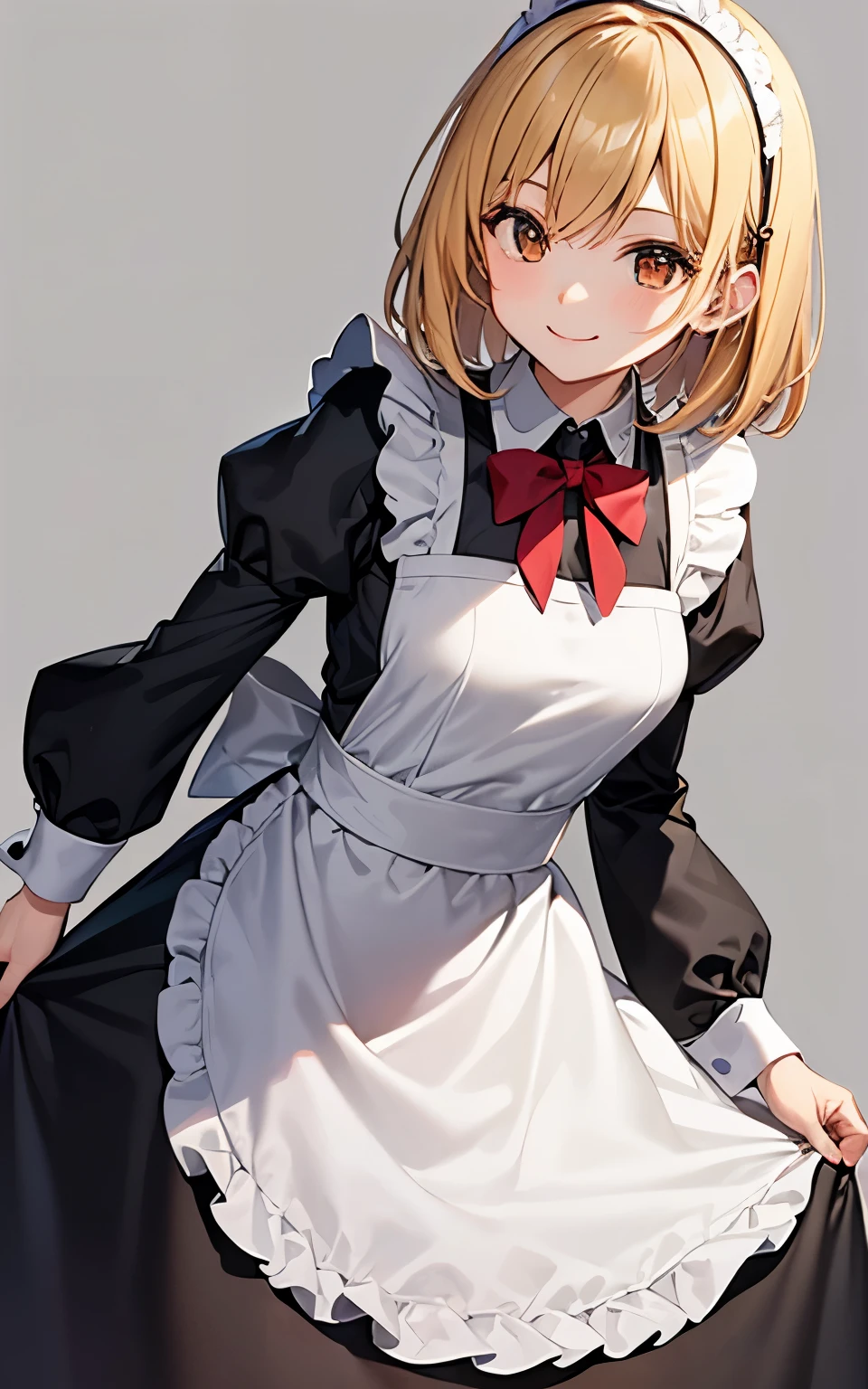 Golden hair、medium hair、brown eyes、Plain gray background、red and black maid uniform、beautiful girl、smile、