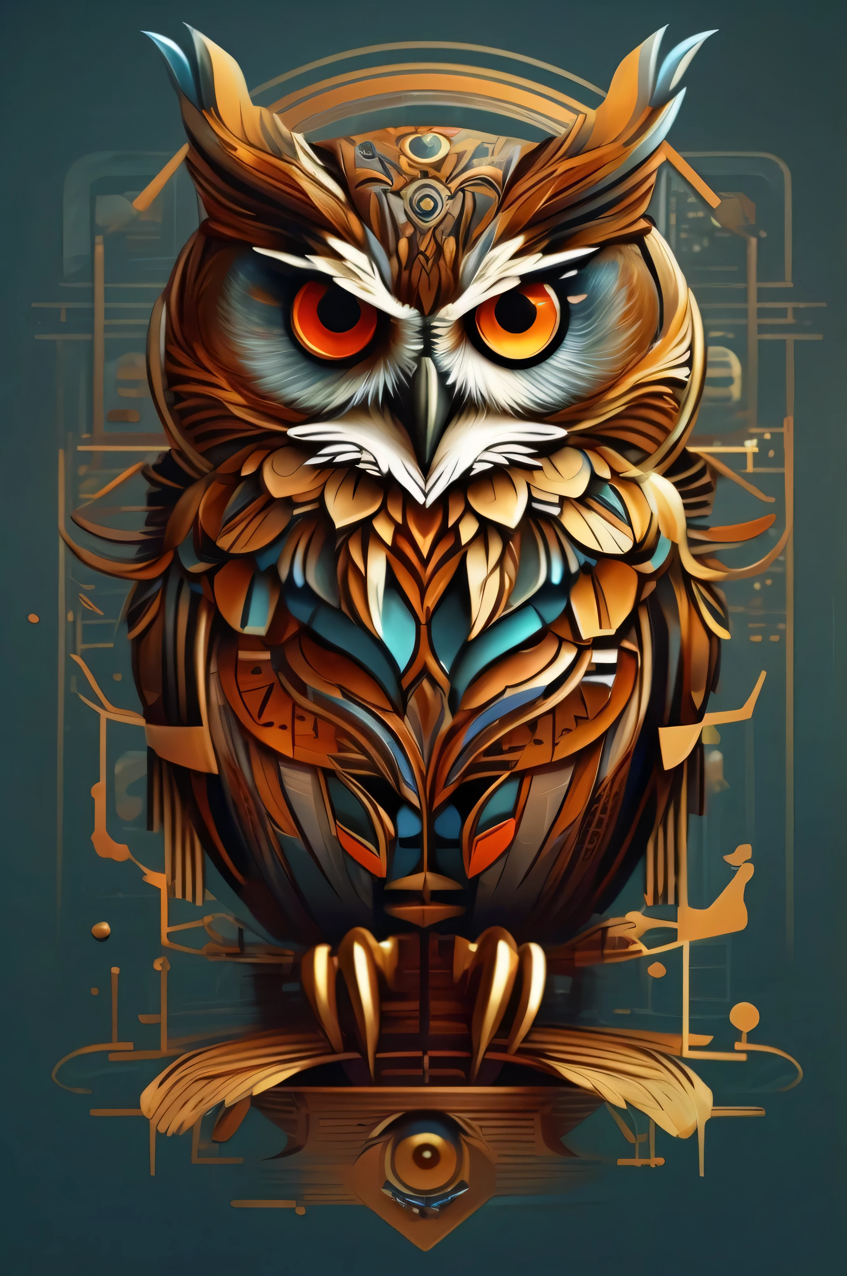 an owl with a golden crown and red eyes sitting on a branch, portrait of a geometric owl, mechanical owl, 4k detailed digital art, 4k highly detailed digital art, radiant owl, alien owl, digital art highly detailed, 8k high quality detailed art, digital art high quality, stylized digital art, highly detailed digital artwork, digital art highly-detailed