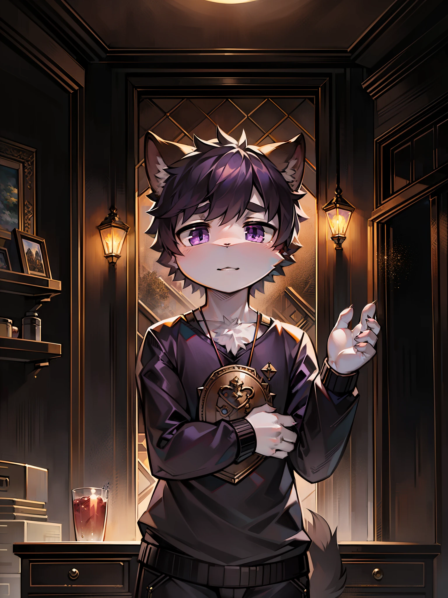 masterpiece, high quality portraits, 3D realistic CG, 16k, dramatic lighting, intricate details, dough, hairy的猫male, hairy, black cat, (17 years old), independent vertical painting, early morning,Welcome the rising sun, suzerain,purple eyes,When using magic, (bykekitopu),In a trance,Award-winning, best quality, high resolution,short hair,clothed,Pure black,communicate with animals,Domineering and cute,mystery