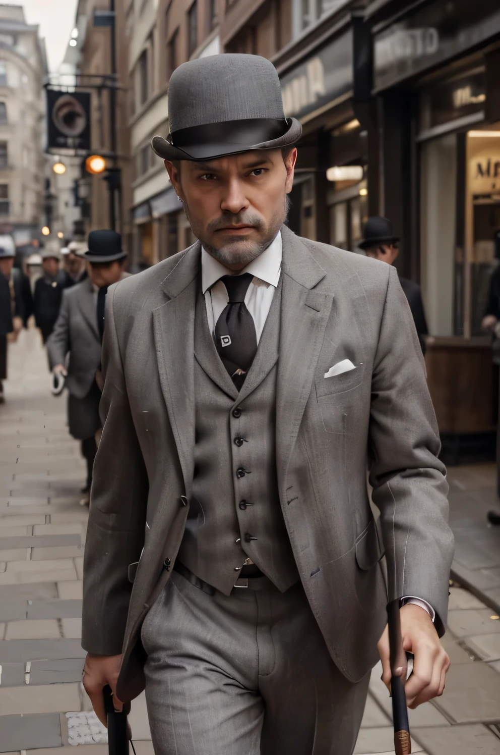 A gentleman in his late 40's, ((light brown greying hair and medium styled beard)), (((wearing a grey suit and bowler hat, carrying walking cane))), walking, 1920's London street, (piercing eyes), Ewan macgregor, depth of field, wide shot, retina, anatomically correct, textured skin, 8k