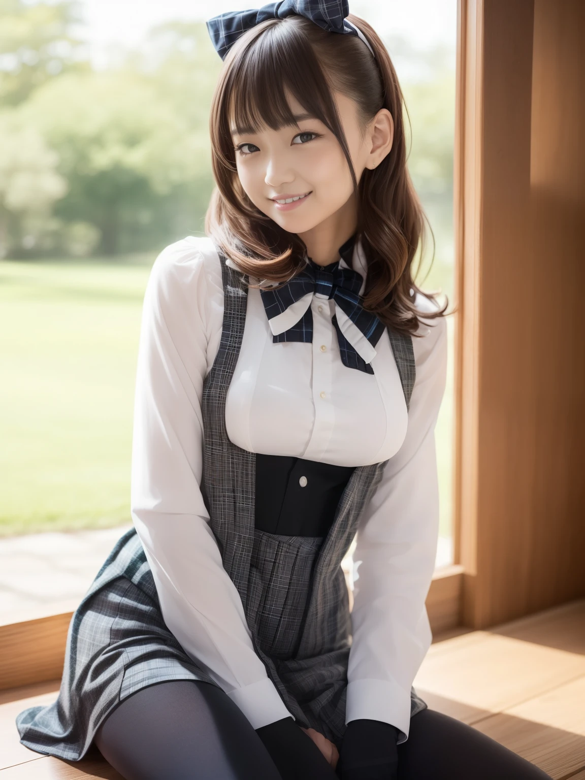 In 8K,highest quality:1.4, Super high resolution:1.5, (realistic:1.4),masterpiece:1.2,(highest quality:1.4)、 RAW photo、 (background is blurry), 1 japanese girl, cute, (alone:1.4), (shy smile), smooth skin、 (brown medium hair,bangs),Nogizaka,supple fingertips,beautiful black eyes、dual、natural skin texture:1.3, Realistic eye and face details:1.7、medium breasts、daytime、tight buttocks:1.5、look at the viewer,The camera is3mbackwards, Hilarious,(maid:1.2),bow,long sleeve, black sleeves,(Long tights with black plaid:1.5),maidの頭飾り,maid apronl,cafeteria,Upper body:1.8,(fine hair:1.1), (fine eyes:1.1)