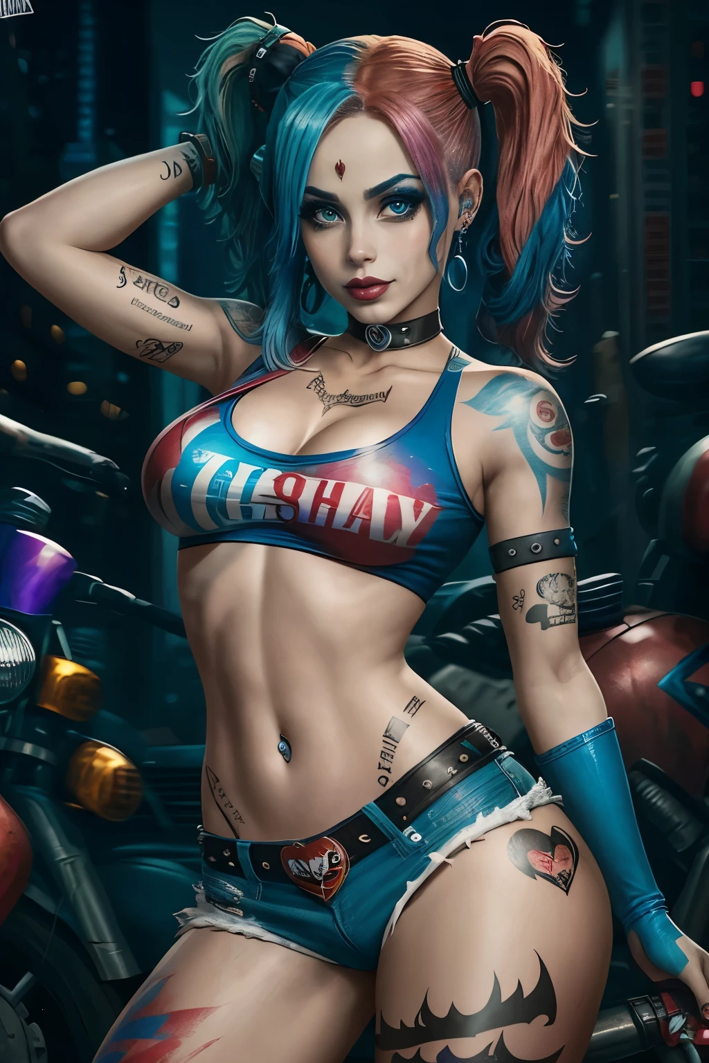 Harley Quinn realista, cuerpo bien definido, no tatoos, cabello rosa y azul claro, Hermoso trasero, Piel y textura reales, Antecedentes de la ciudad,  sexy look, vegina, big , necked, adult 