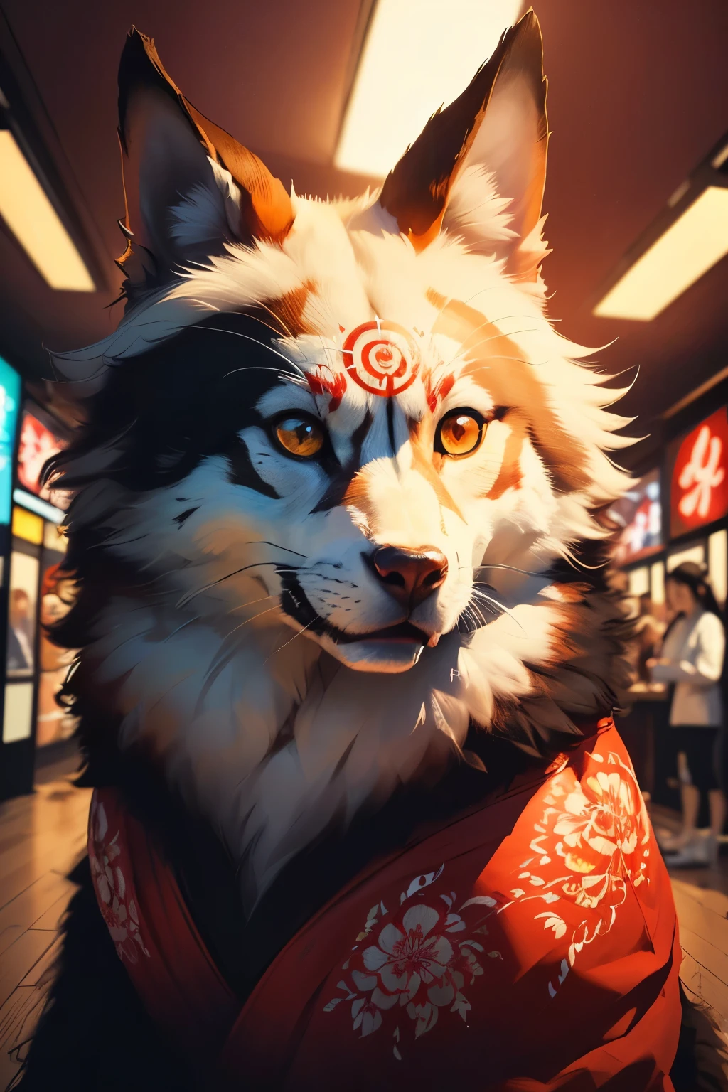 (high resolution, 4k, realistic:1.37), anthro, safe wor work, vivid colors, detailed fur, intricate patterns, vibrant lighting, arcade art, joyful atmosphere, high-quality illustration, Japanese folklore, divine elements, elegant composition, walpaper, ((amaterasu\(Ōkami)))