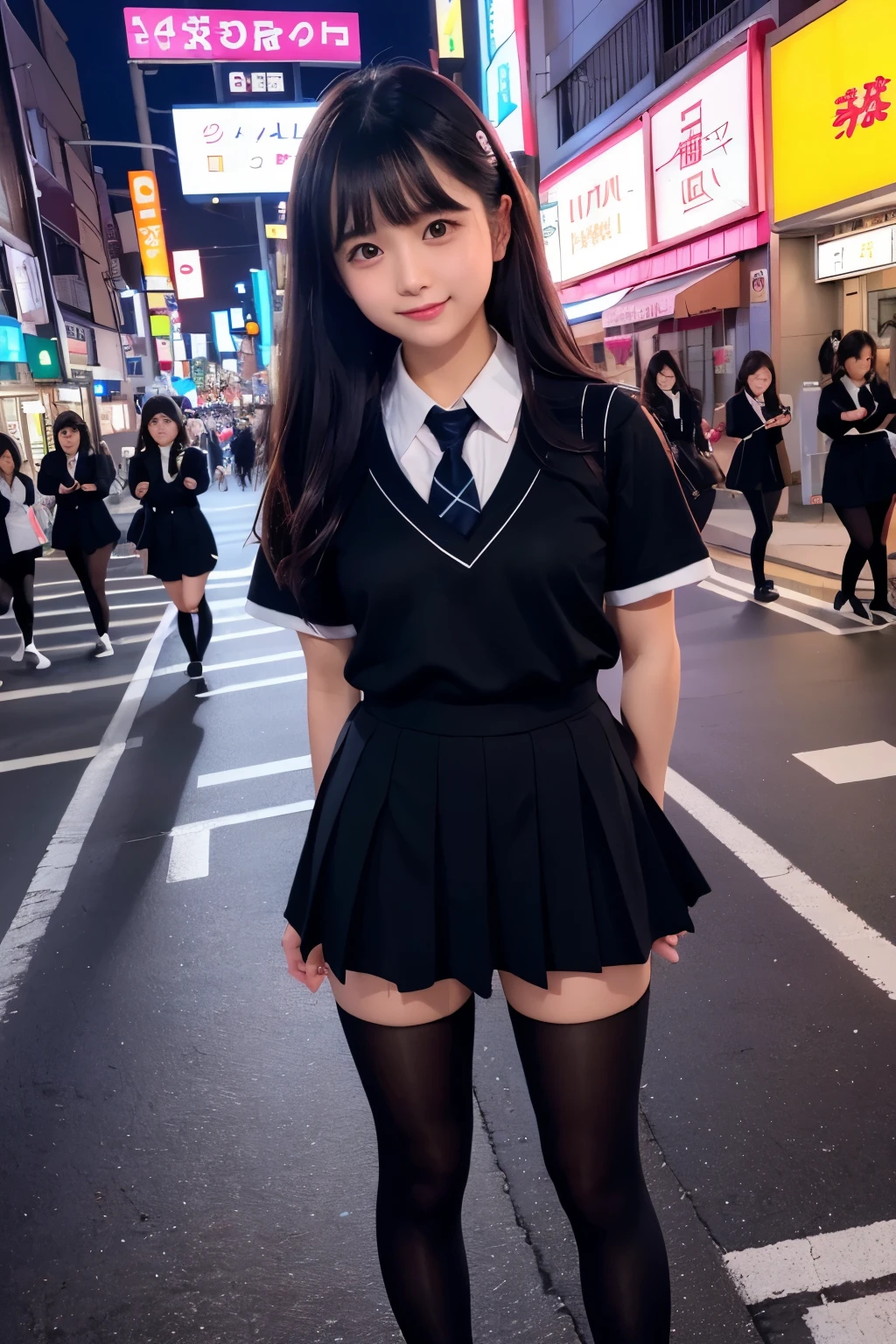 high angle shot、center view、A woman standing on a neon street at midnight、Phenomenally cute 、japanese girl uniform、summer clothes、Microminiskirt、urreal 、loafers、She wears black tights that show a little bit of skin.、black tights、Japanese high school 、Nogizaka Idol、Plump thighs、Full body Esbian