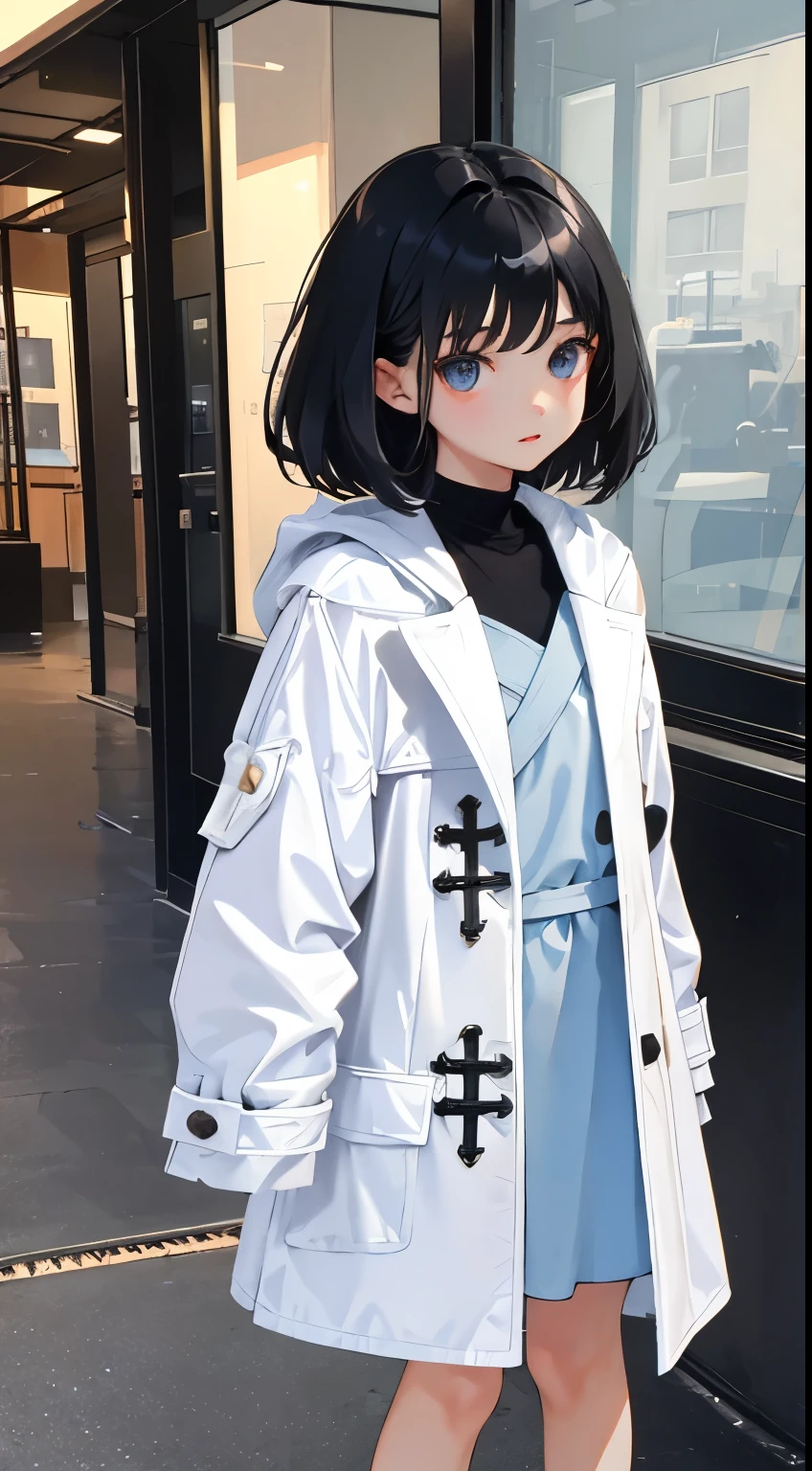 (short cute girl,small young student,young delicate girl),(masterpiece,Top quality),black hair,duffle coat,white coat