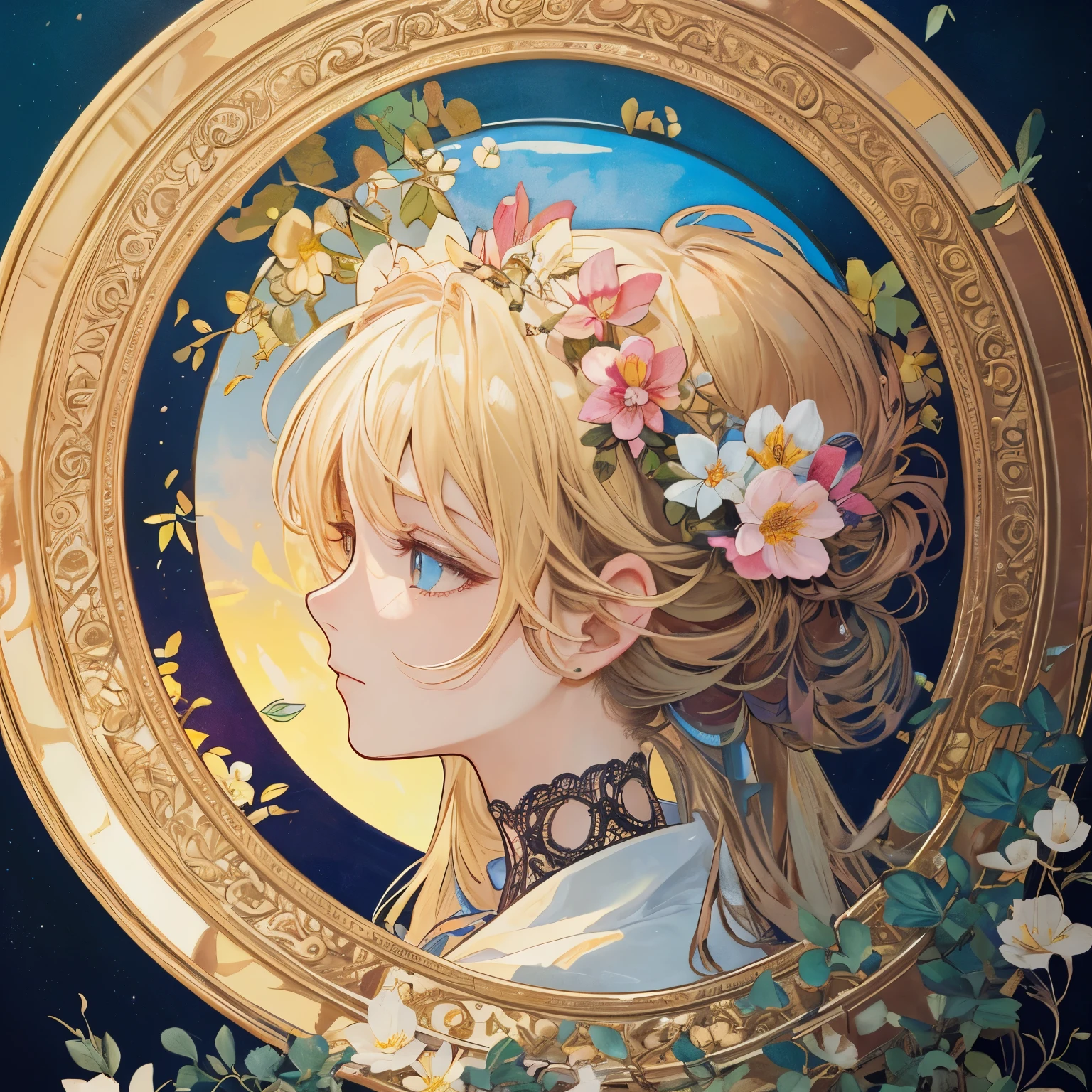 1 beautiful woman、(masterpiece、highest quality、highest quality、beautiful and aesthetic:1.2)、round picture frame、Rainbow-colored、Shining jewelry hair ornament、flowers in full bloom、detailed jewelry、dynamic、Based on the concept of an elegant woman、shining eyes、profile、colorful hair、Fluttering petals、Gradation、hyperdetailed intricately detailed, unreal engine, wonderful, intricate details, complementary color, Realistic concept art, 8K resolution, 逸脱のmasterpiece、Alphonse Mucha style