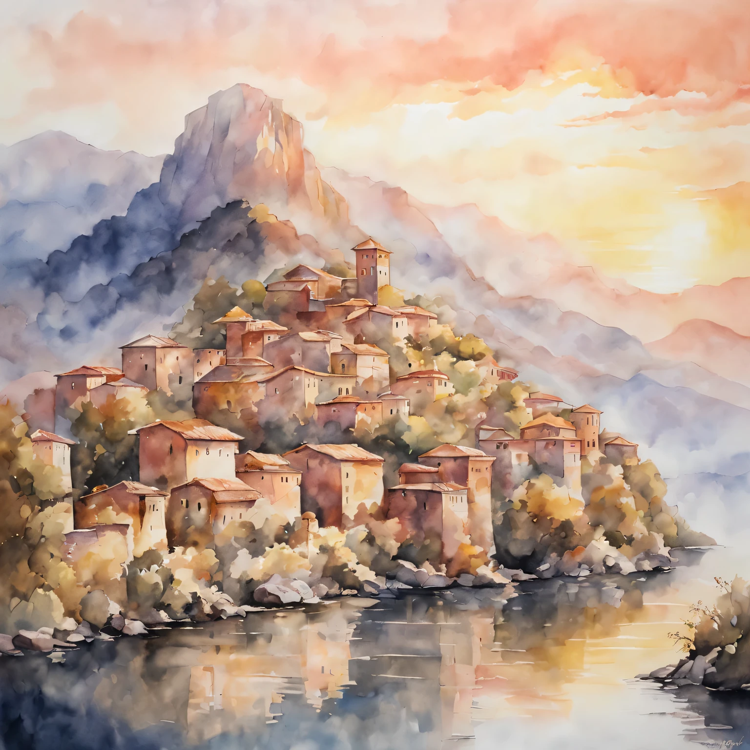 (masterpiece, best quality),  traditional watercolor painting：ancient city under sunset，Warm colors，Soft brushstrokes，The game of light and shadow，Reflective water surface，peaceful atmosphere，charm，classic style，romantic atmosphere，Rose，Endless levels，soft edge，Exquisite details，fading light，distant mountains，Bright sky，peaceful