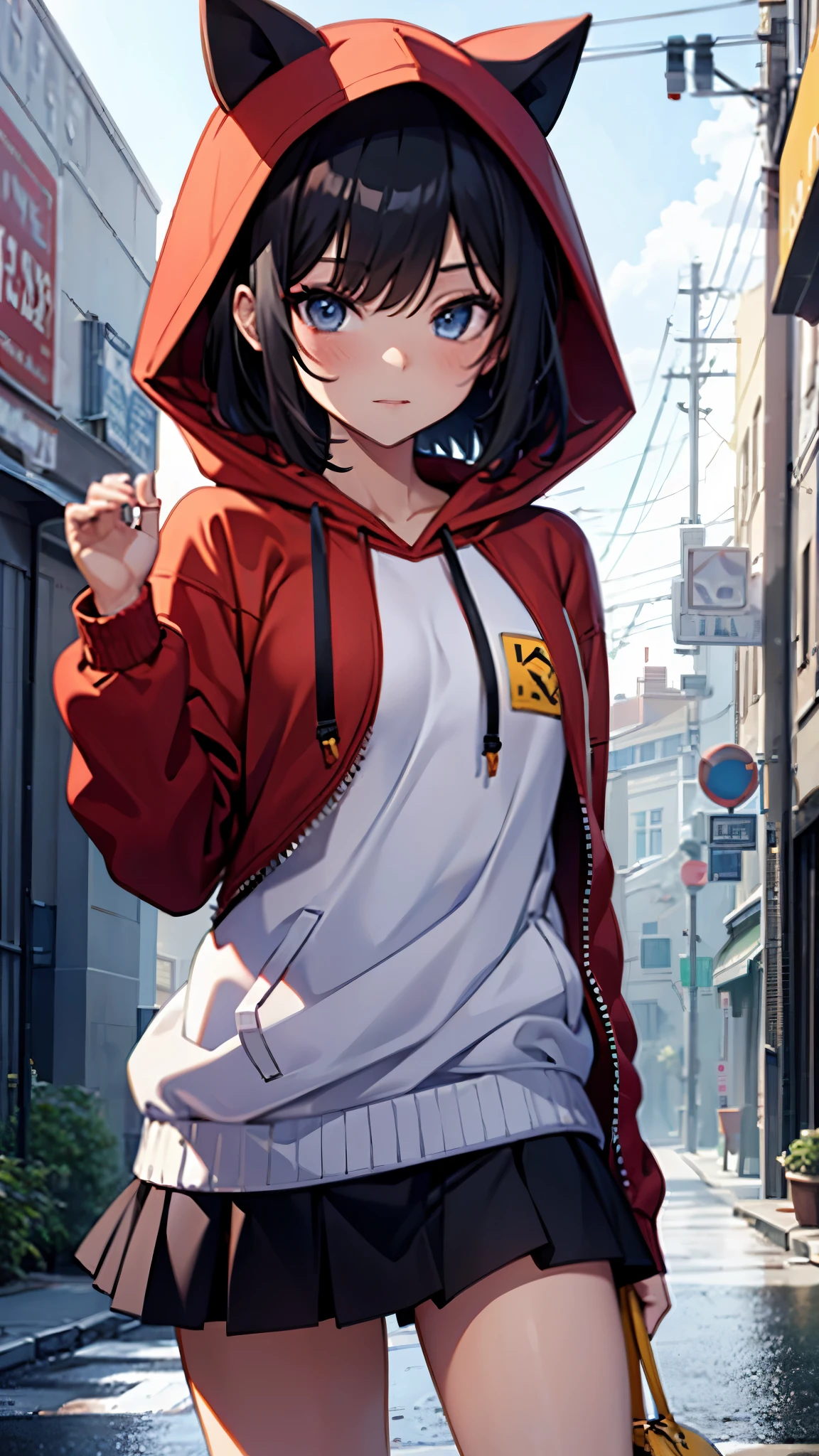 Kagamine rin , 1 girl , wearing a red hooded sweater , white miniskirt with gold horizontal lines , viendo al espectador , bragas visibles , rostro seductor ,(imagen de ultra alta calidad 4k )