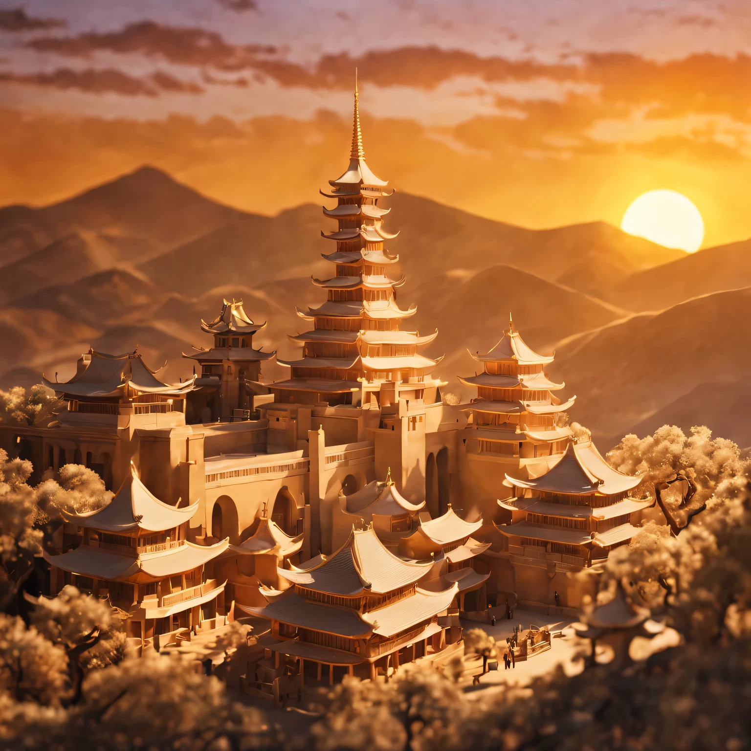 ((Paper carving)):ancient city under sunset,contour,scroll-shaped building,ornate decoration,peaceful atmosphere,warm color palette,charm,Majestic tower,exquisite craftsmanship,The distant mountains are bathed in golden light,sun kissed roof,subtle texture,meticulous details,纸张结构中的lifelike褶皱,Vibrant colors blend with faded daylight,Awe-inspiring sight。(best quality,4K,8k,masterpiece:1.2),Super fine,(lifelike,The photos are real,照片lifelike:1.37)