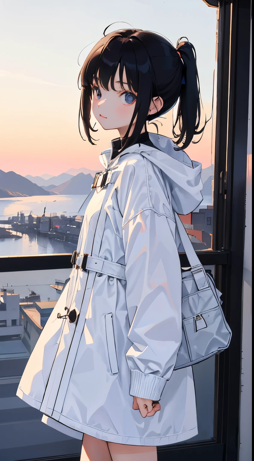 (short cute girl，small young student，young delicate girl）,（masterpiece，Top quality)，black hair，white duffel coat
