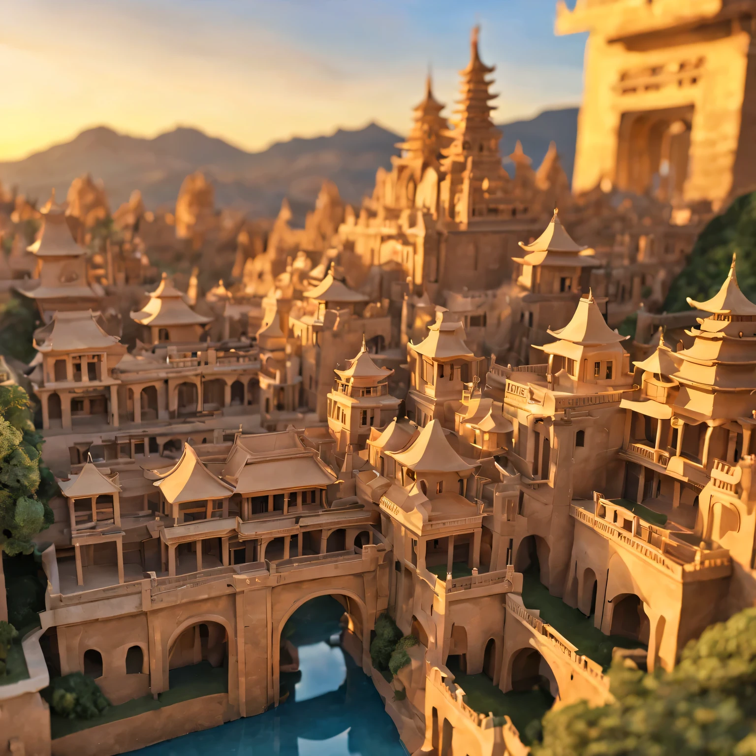 ((Paper carving))：ancient city under sunset，contour，scroll-shaped building，ornate decoration，peaceful atmosphere，warm color palette，charm，Majestic tower，exquisite craftsmanship，The distant mountains are bathed in golden light，sun kissed roof，subtle texture，meticulous details，纸张结构中的lifelike褶皱，Vibrant colors blend with faded daylight，Awe-inspiring sight。（best quality，4K，8k，masterpiece：1.2），Super fine，（lifelike，The photos are real，照片lifelike：1.37）