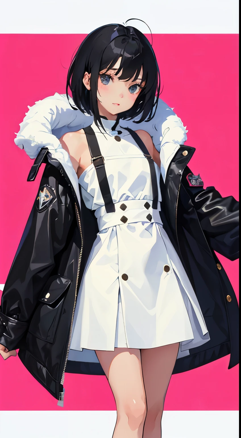 (short cute girl,small young student,young delicate girl),(masterpiece,Top quality),black hair,white duffel coat