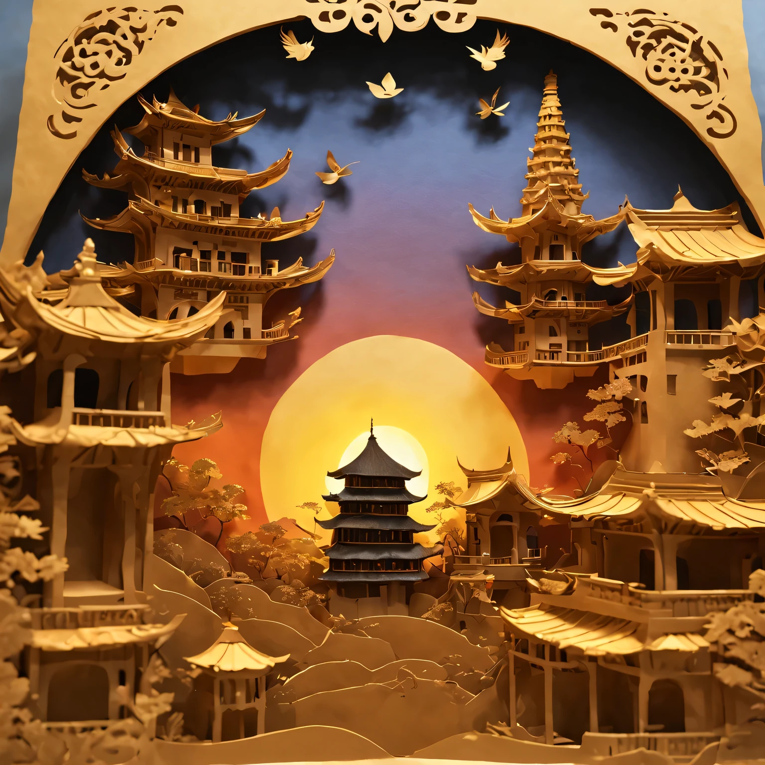 ((Paper carving)):ancient city under sunset,contour,scroll-shaped building,ornate decoration,peaceful atmosphere,warm color palette,charm,Majestic tower,exquisite craftsmanship,The distant mountains are bathed in golden light,sun kissed roof,subtle texture,meticulous details,纸张结构中的lifelike褶皱,Vibrant colors blend with faded daylight,Awe-inspiring sight。(best quality,4K,8k,masterpiece:1.2),Super fine,(lifelike,The photos are real,照片lifelike:1.37)