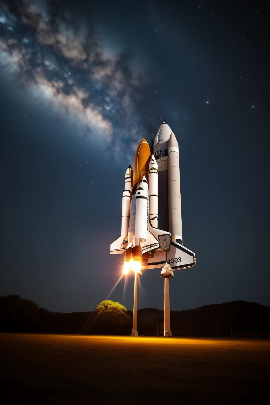 Space shuttle from the year 2300, poised to take off from Earth against the backdrop of a mesmerizing night sky. Stars twinkled and galaxies glittered, their brilliant light illuminating the darkness of the universe. The shuttle's engines hummed softly, adding a sense of anticipation and excitement to the scene. The overall atmosphere was one of awe-inspiring wonder, as humanity prepared to venture further into the cosmos than ever before. (space shuttle, year 2300, taking off, earth, night, stars, galaxies, background, humming engines, anticipation, wonder)