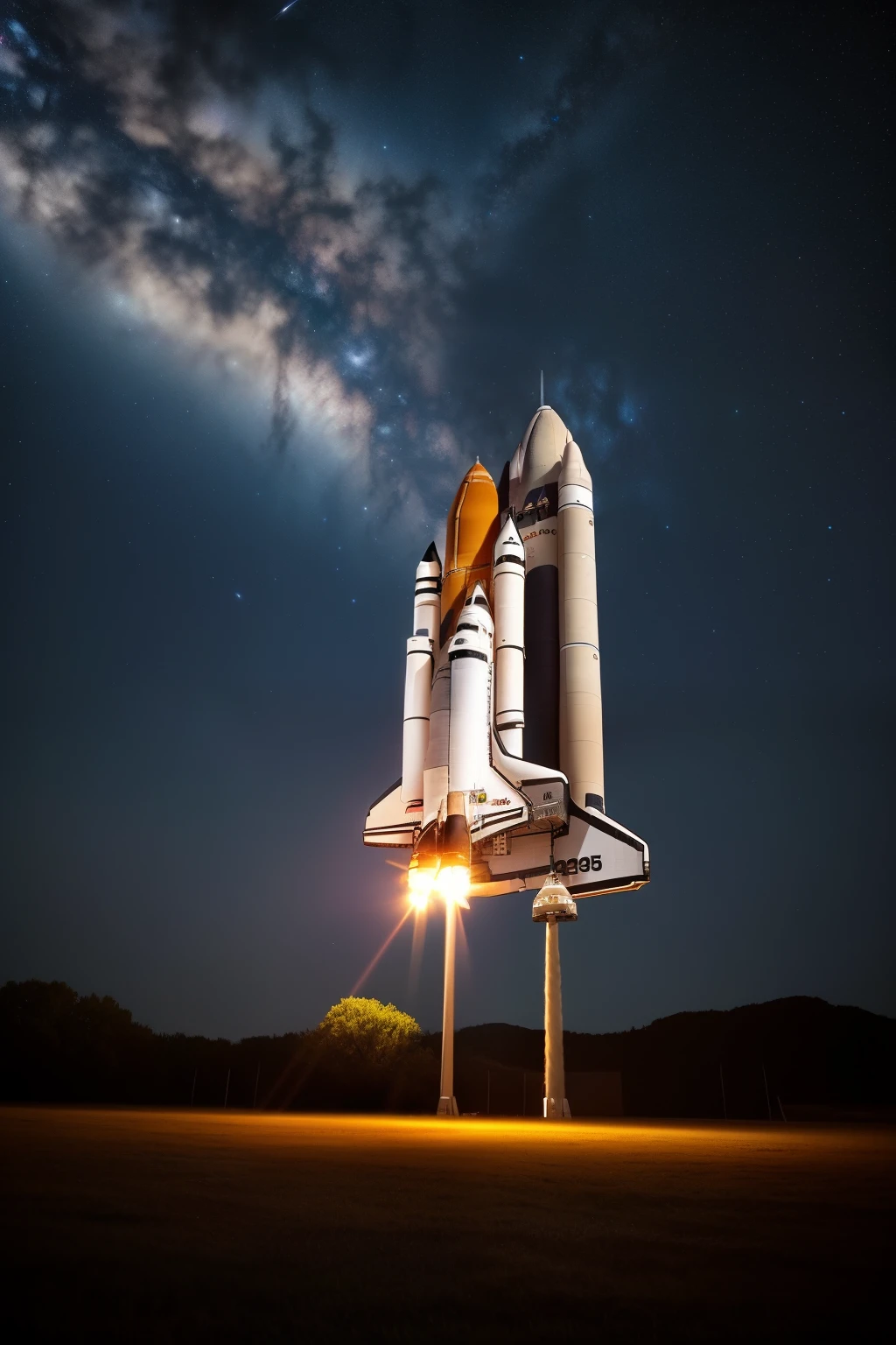 Space shuttle from the year 2300, poised to take off from Earth against the backdrop of a mesmerizing night sky. Stars twinkled and galaxies glittered, their brilliant light illuminating the darkness of the universe. The shuttle's engines hummed softly, adding a sense of anticipation and excitement to the scene. The overall atmosphere was one of awe-inspiring wonder, as humanity prepared to venture further into the cosmos than ever before. (space shuttle, year 2300, taking off, earth, night, stars, galaxies, background, humming engines, anticipation, wonder)