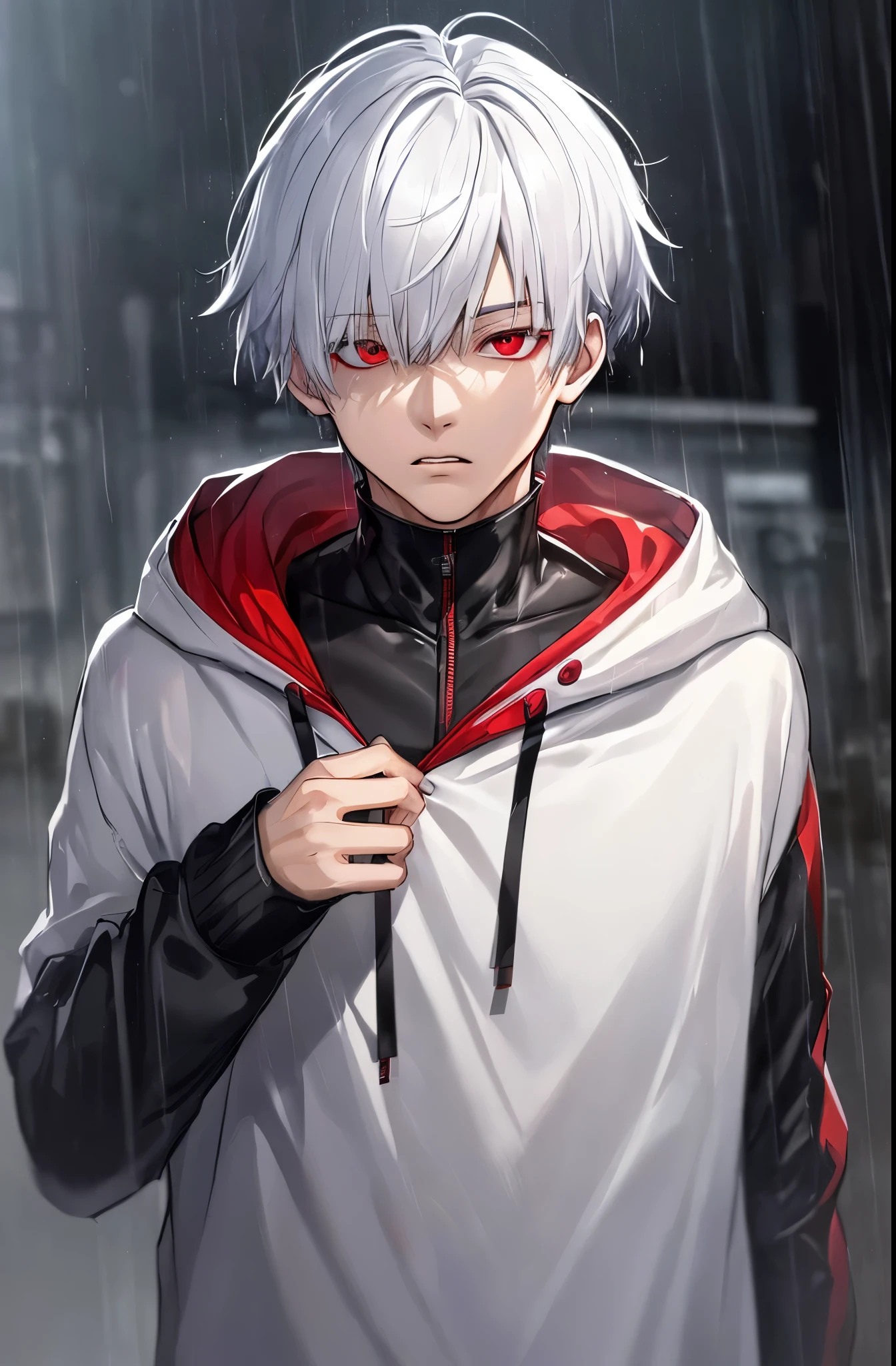 Anime boy with white hair and red eyes in the rain - SeaArt AI