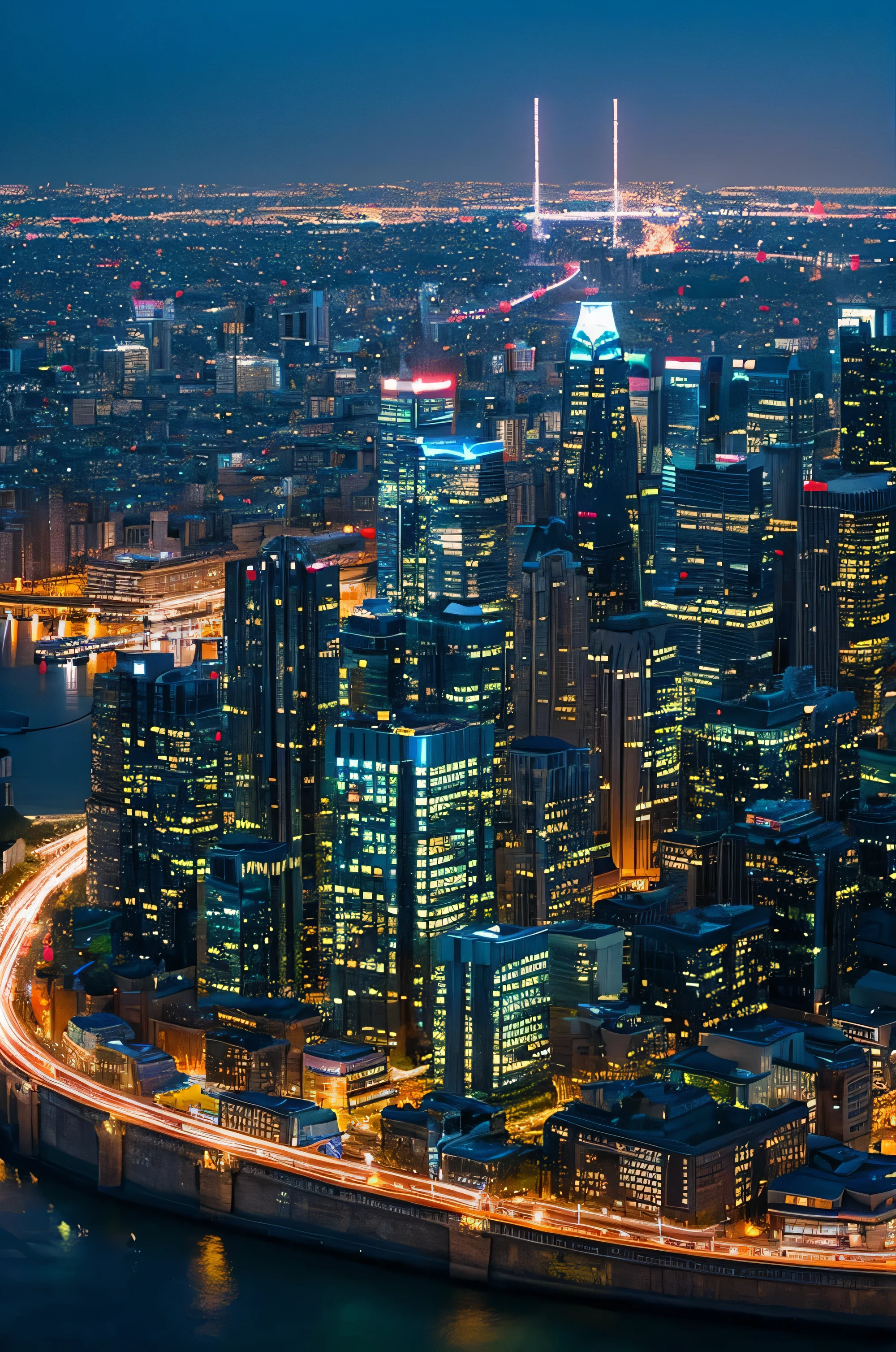 realistic landscape、night city buildings background、Image of managing with electricity, Internet, and smartphone