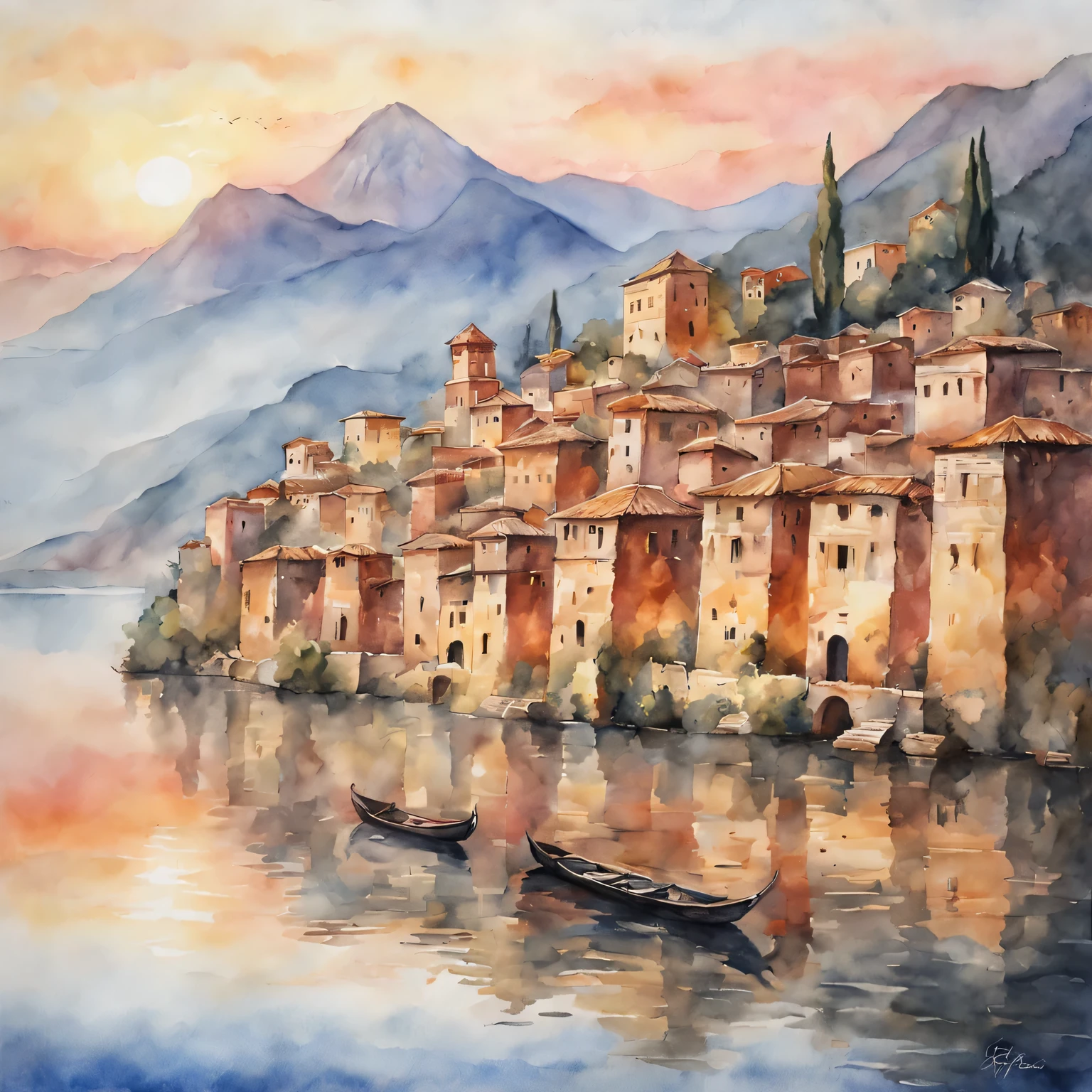 (masterpiece, best quality),  traditional watercolor painting：ancient city under sunset，Warm colors，Soft brushstrokes，The game of light and shadow，Reflective water surface，peaceful atmosphere，charm，classic style，romantic atmosphere，Rose，Endless levels，soft edge，Exquisite details，fading light，distant mountains，Bright sky，peaceful