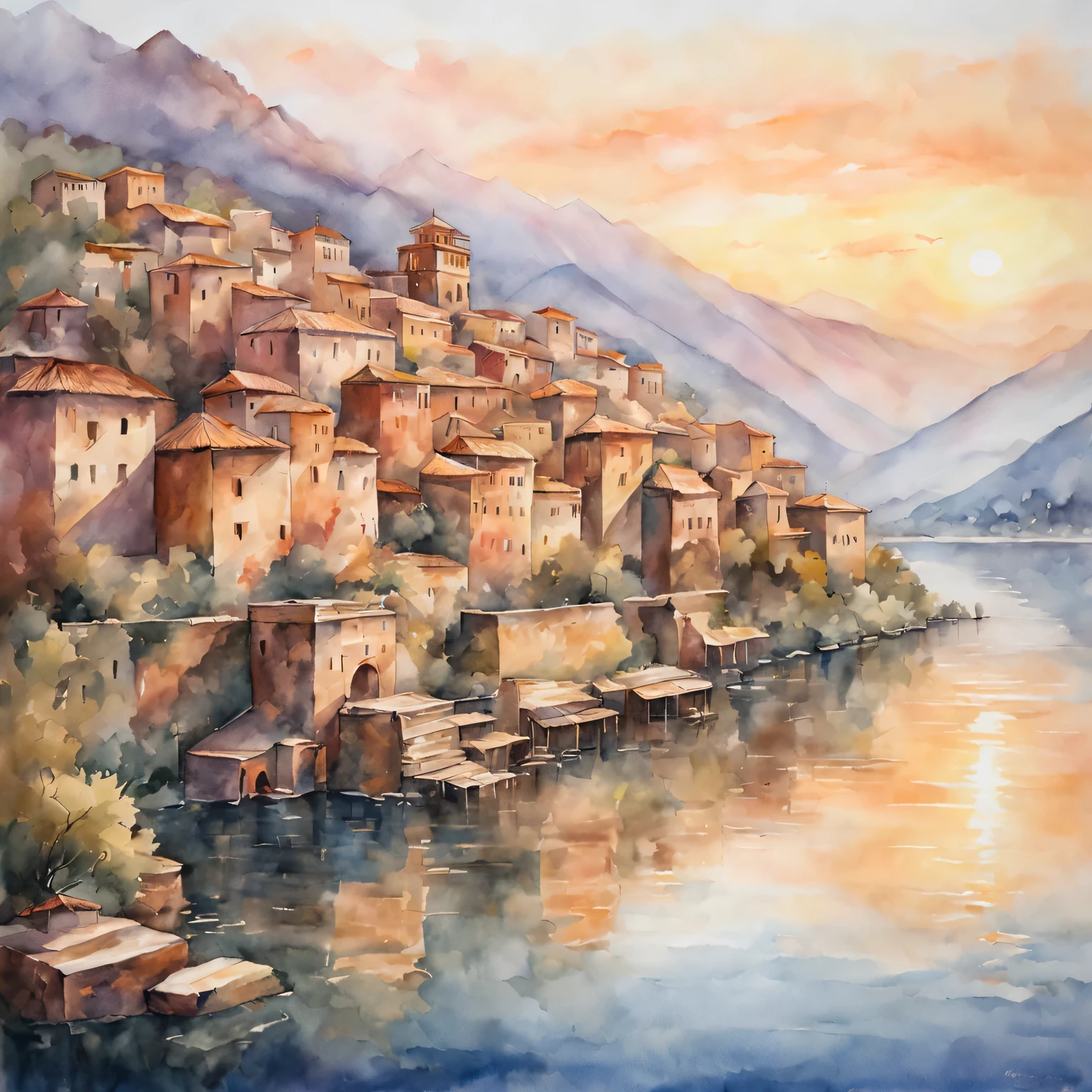(masterpiece, best quality), traditional watercolor painting:ancient city under sunset,Warm colors,Soft brushstrokes,The game of light and shadow,Reflective water surface,peaceful atmosphere,charm,classic style,romantic atmosphere,Rose,Endless levels,soft edge,Exquisite details,fading light,distant mountains,Bright sky,peaceful
