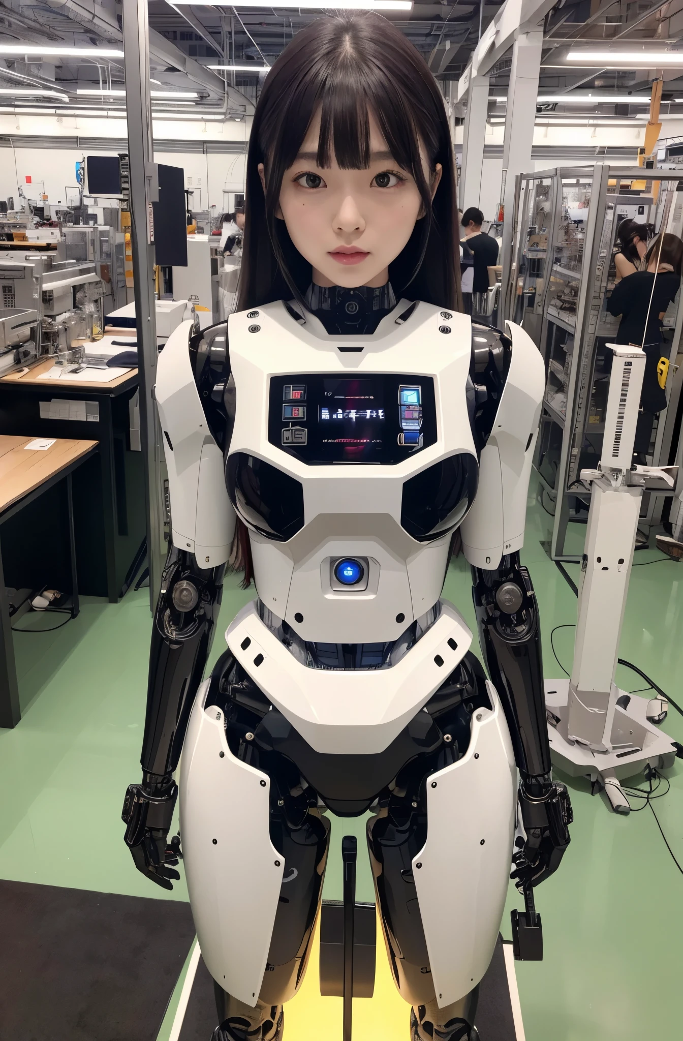 masterpiece, best quality, extremely detailed, Japaese android girl,Plump , control panels,android,Droid,Mechanical Hand, Robot arms and legs, Black hair,Blunt bangs,perfect robot girl,long tube,thick cable connected her neck,android,robot,humanoid,cyborg,japanese cyborg girl ,robot-assembly plant,She is assembling now,assembly scene