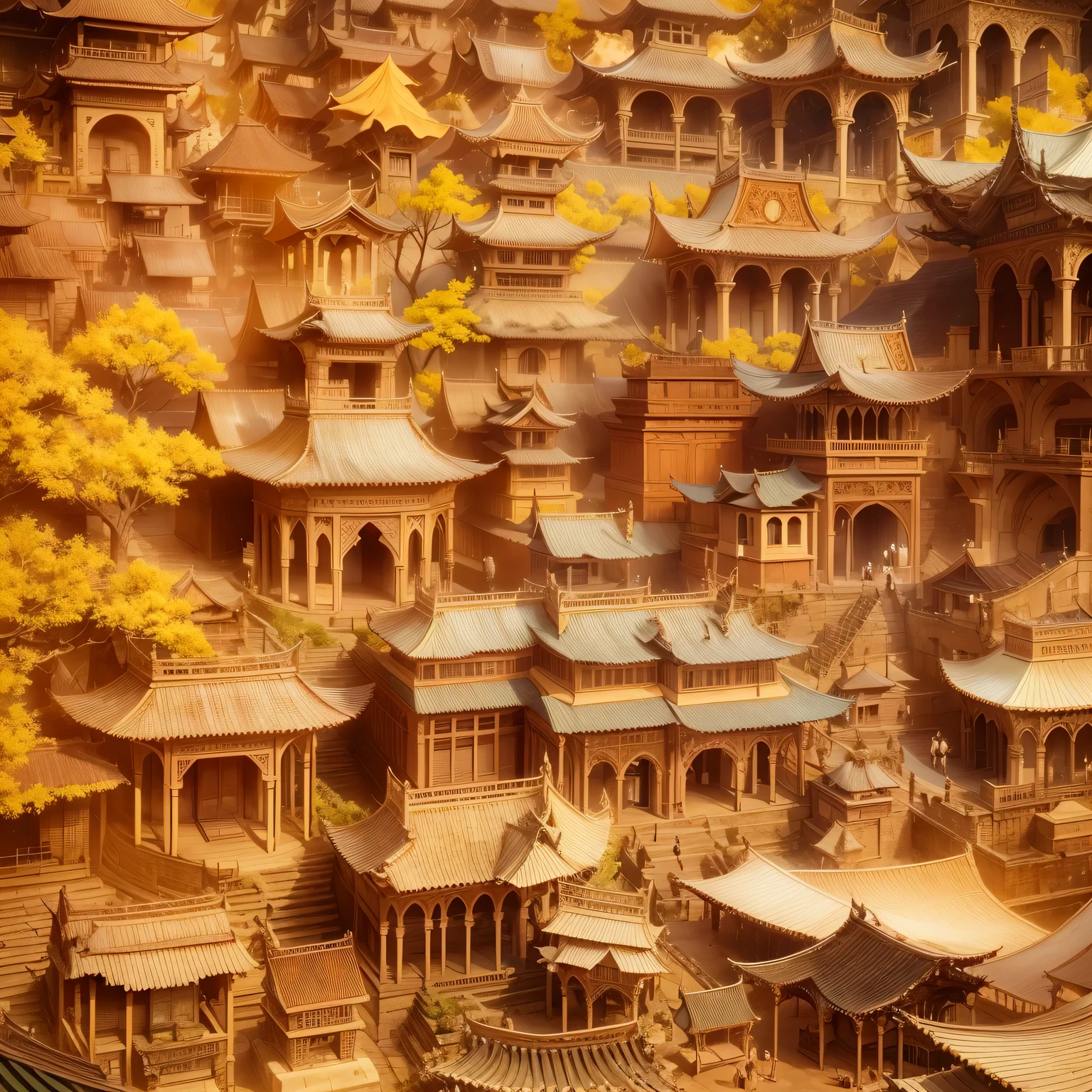 ((Paper carving))：ancient city under sunset，contour，scroll-shaped building，ornate decoration，peaceful atmosphere，warm color palette，charm，Majestic tower，exquisite craftsmanship，The distant mountains are bathed in golden light，sun kissed roof，subtle texture，meticulous details，纸张结构中的lifelike褶皱，Vibrant colors blend with faded daylight，Awe-inspiring sight。（best quality，4K，8k，masterpiece：1.2），Super fine，（lifelike，The photos are real，照片lifelike：1.37）
