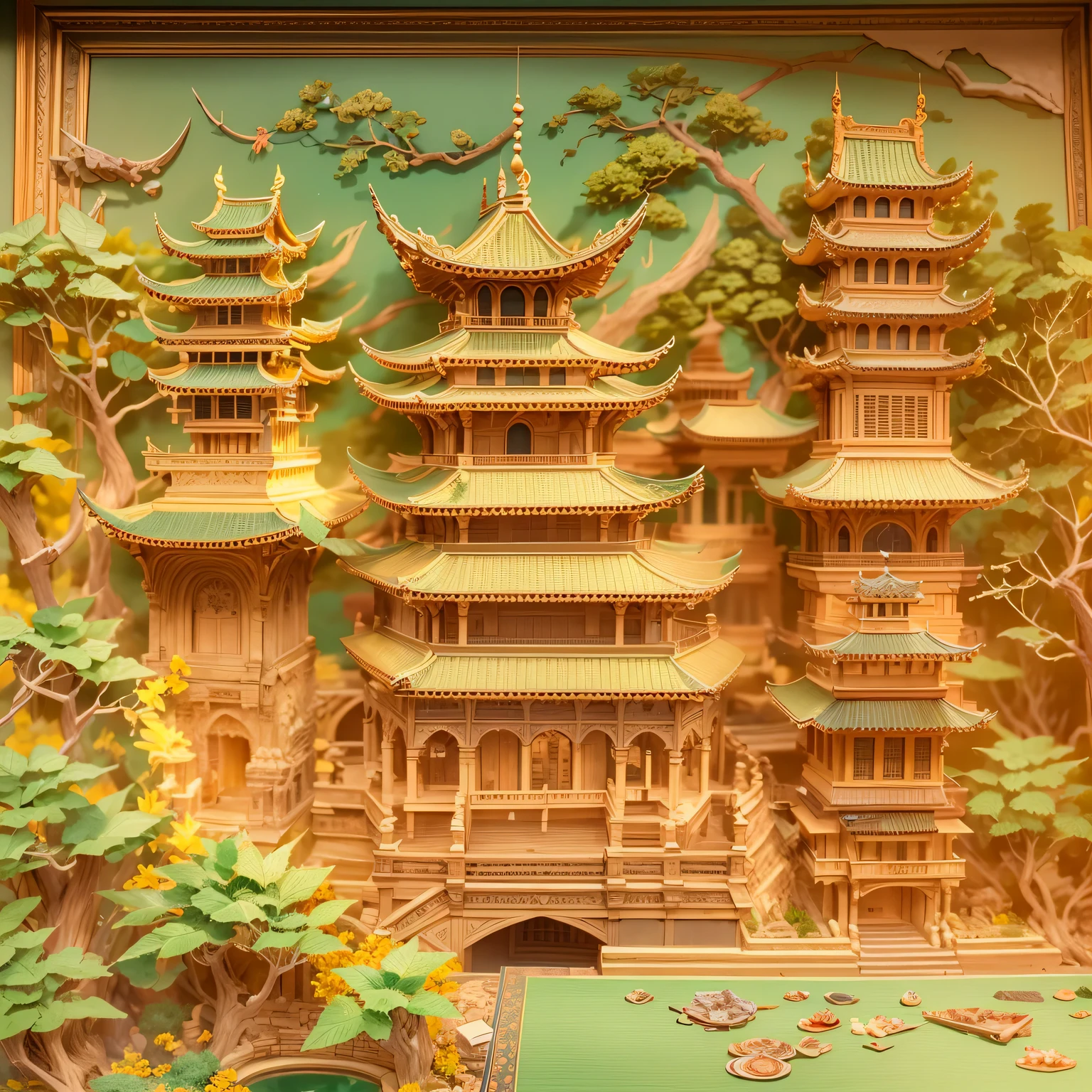 ((Paper carving)):ancient city under sunset,contour,scroll-shaped building,ornate decoration,peaceful atmosphere,warm color palette,charm,Majestic tower,exquisite craftsmanship,The distant mountains are bathed in golden light,sun kissed roof,subtle texture,meticulous details,纸张结构中的lifelike褶皱,Vibrant colors blend with faded daylight,Awe-inspiring sight。(best quality,4K,8k,masterpiece:1.2),Super fine,(lifelike,The photos are real,照片lifelike:1.37)