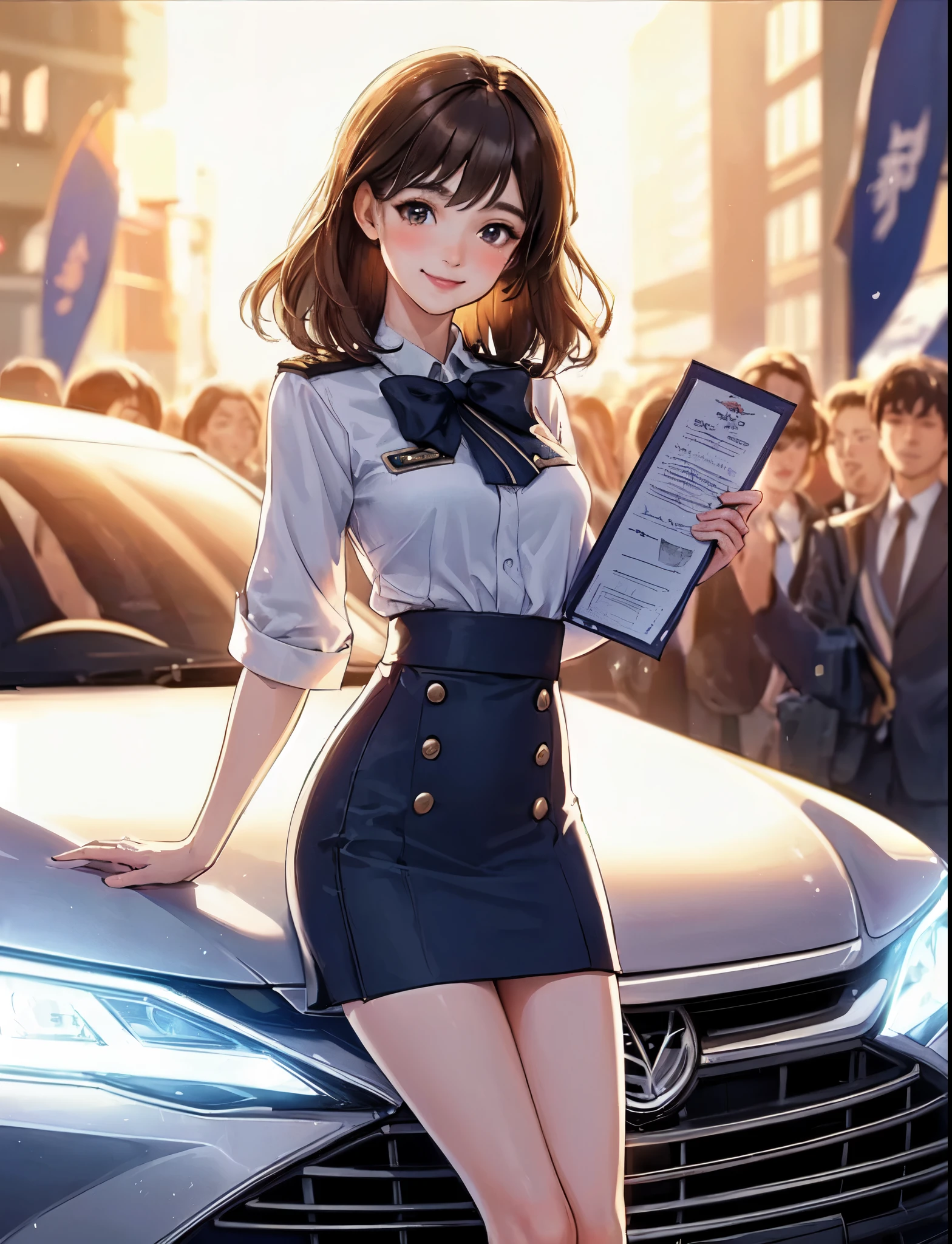 1lady solo standing, event staff, (costume inspired by navy uniform) (futuristic costume), mature female, /(dark brown hair/) bangs, blush kind smile, (masterpiece best quality:1.2) delicate illustration ultra-detailed, large breasts BREAK (standing next to the latest model car), (holding pamphlet) BREAK (motor show outdoors), audience, detailed background