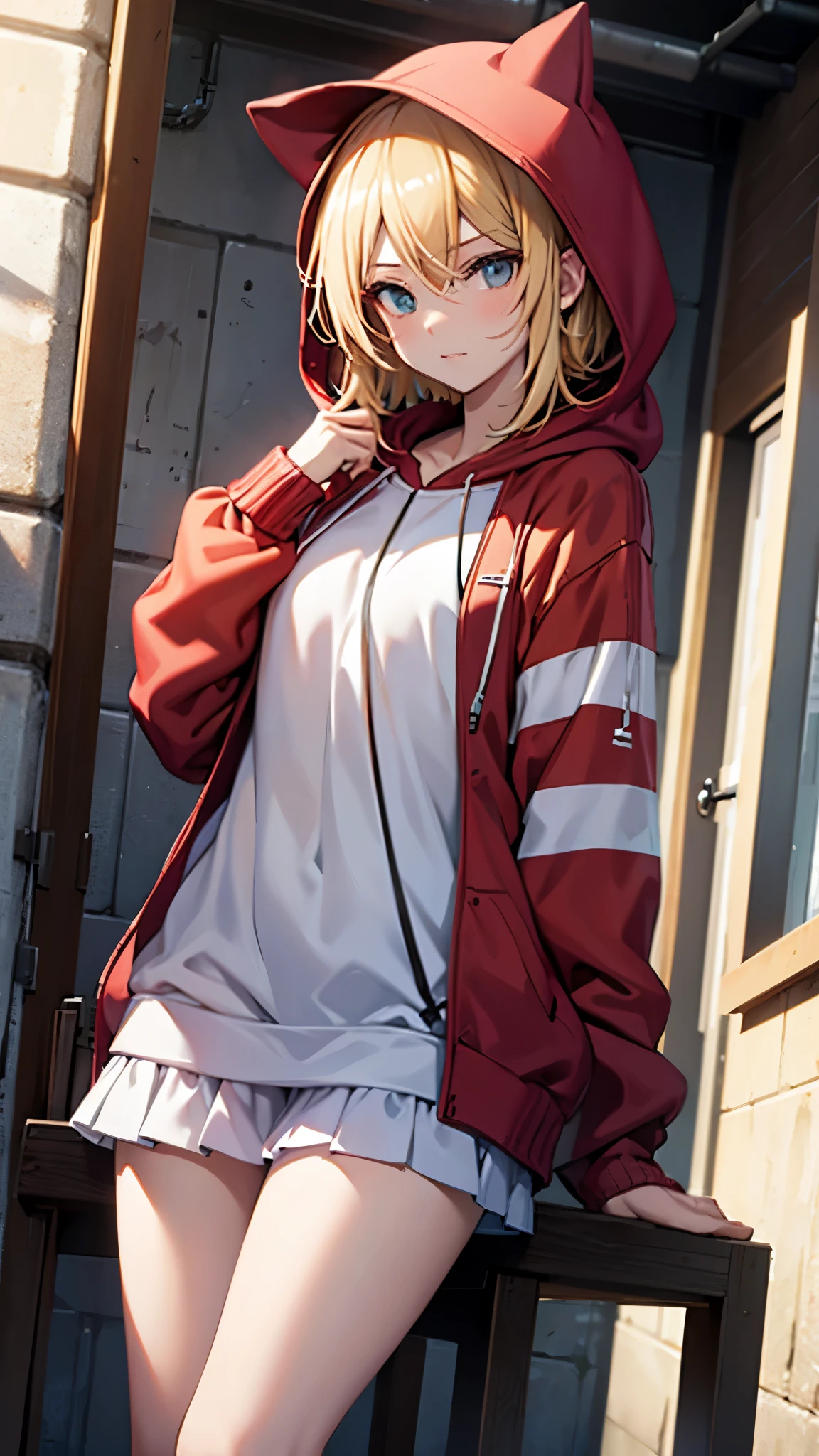 Kagamine rin , 1 girl , wearing a red hooded sweater , white miniskirt with gold horizontal lines , viendo al espectador , bragas visibles , rostro seductor ,(imagen de ultra alta calidad 4k )