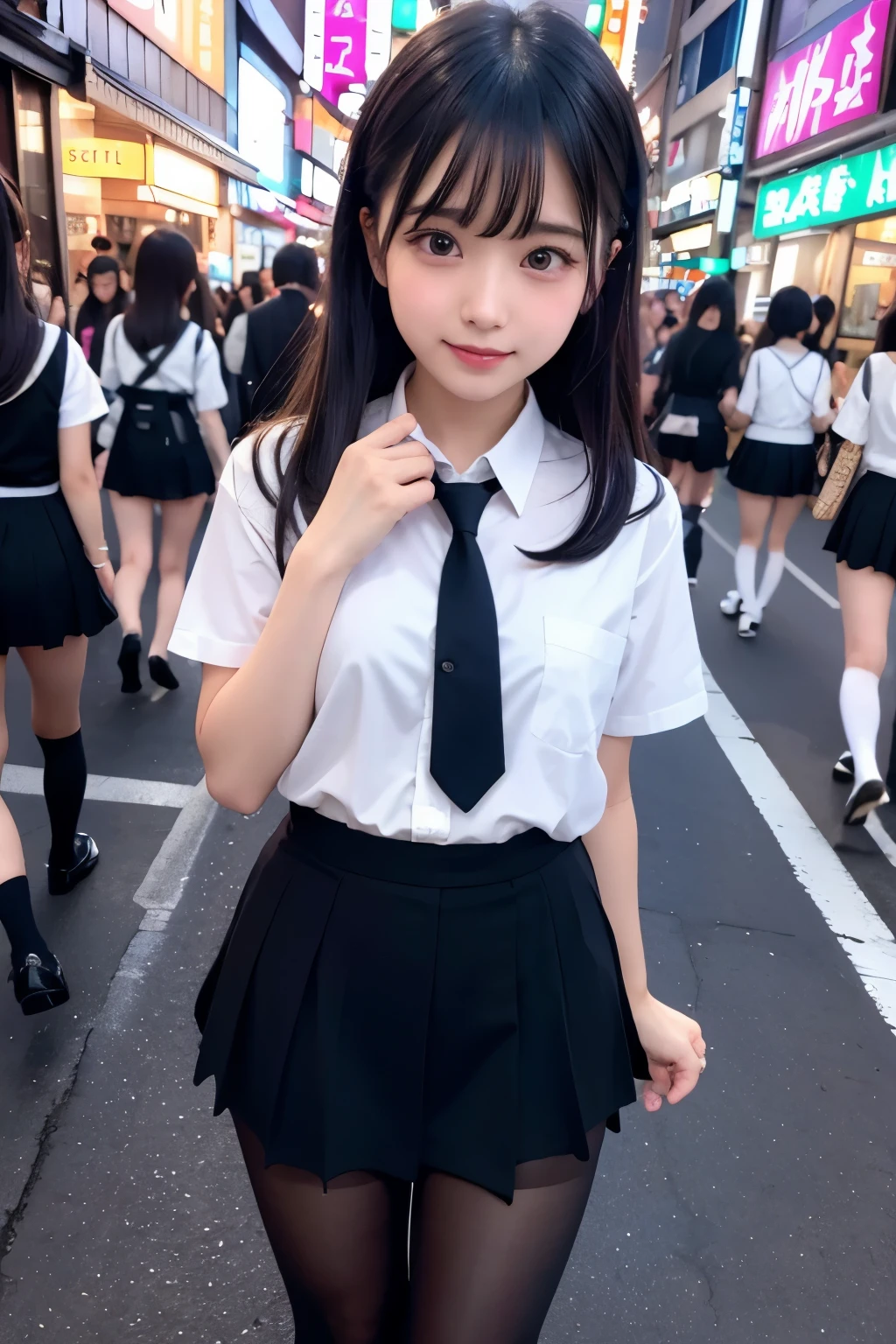 high angle shot、center view、A woman standing on a neon street at midnight、Phenomenally cute 、japanese girl uniform、summer clothes、Microminiskirt、urreal 、loafers、She wears black tights that show a little bit of skin.、black tights、Japanese high school 、Nogizaka Idol、Plump thighs、Full body Esbian