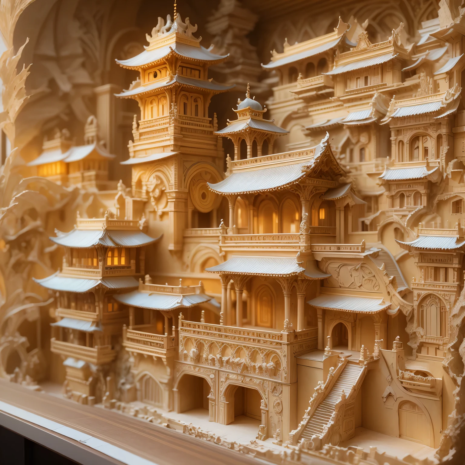 ((Paper carving))：(ancient city under sunset)，contour，scroll-shaped building，ornate decoration，peaceful atmosphere，warm color palette，charm，Majestic tower，exquisite craftsmanship，subtle texture，meticulous details，纸张结构中的lifelike褶皱，Vibrant colors blend with faded daylight，Awe-inspiring sight。（best quality，4K，8k，masterpiece：1.2），Super fine，（lifelike，The photos are real，照片lifelike：1.37）