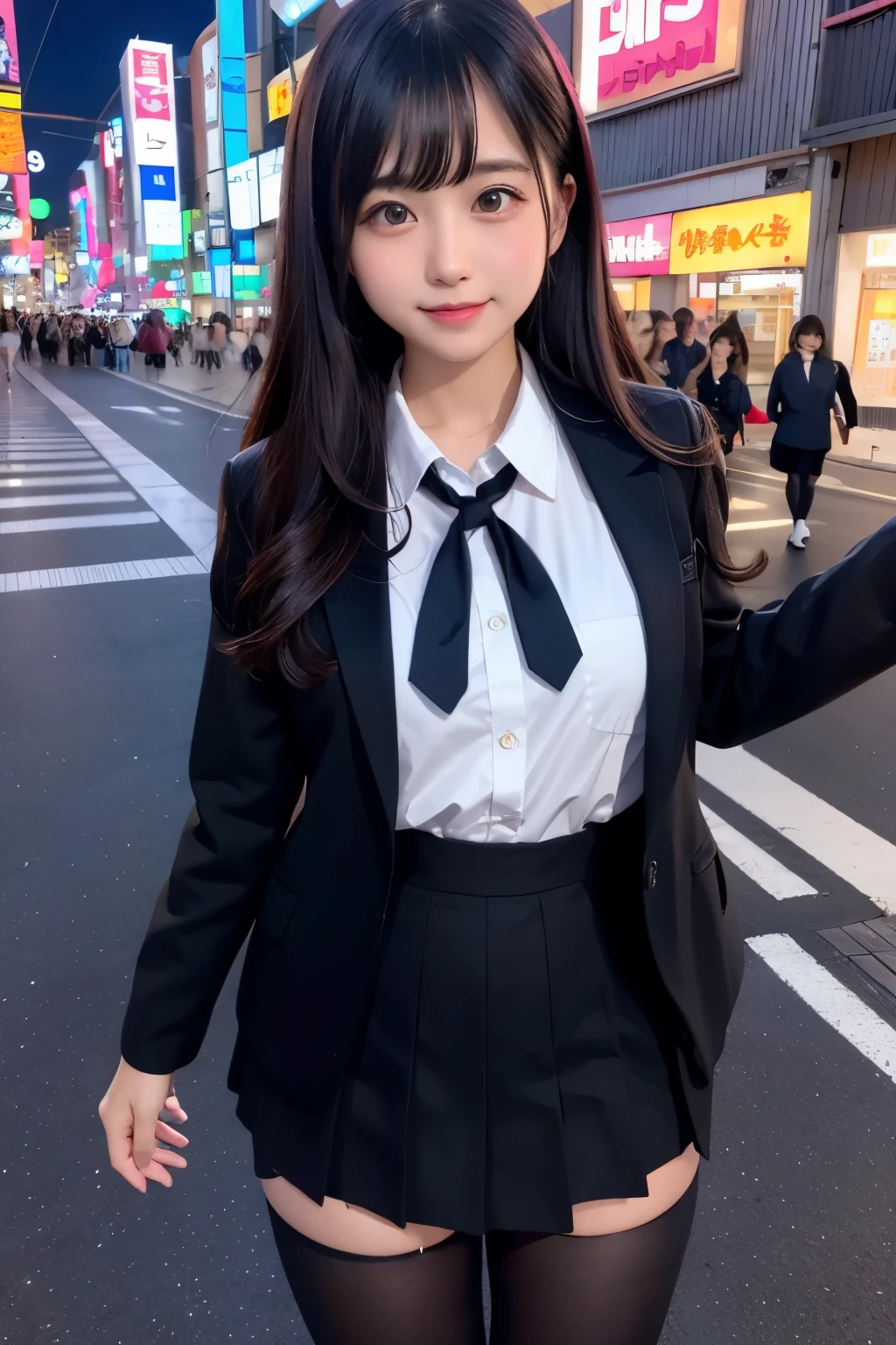 high angle shot、center view、A woman standing on a neon street at midnight、Phenomenally cute 、japanese girl uniform、summer clothes、Microminiskirt、urreal 、loafers、She wears black tights that show a little bit of skin.、black tights、Japanese high school 、Nogizaka Idol、Plump thighs、Full body Esbian