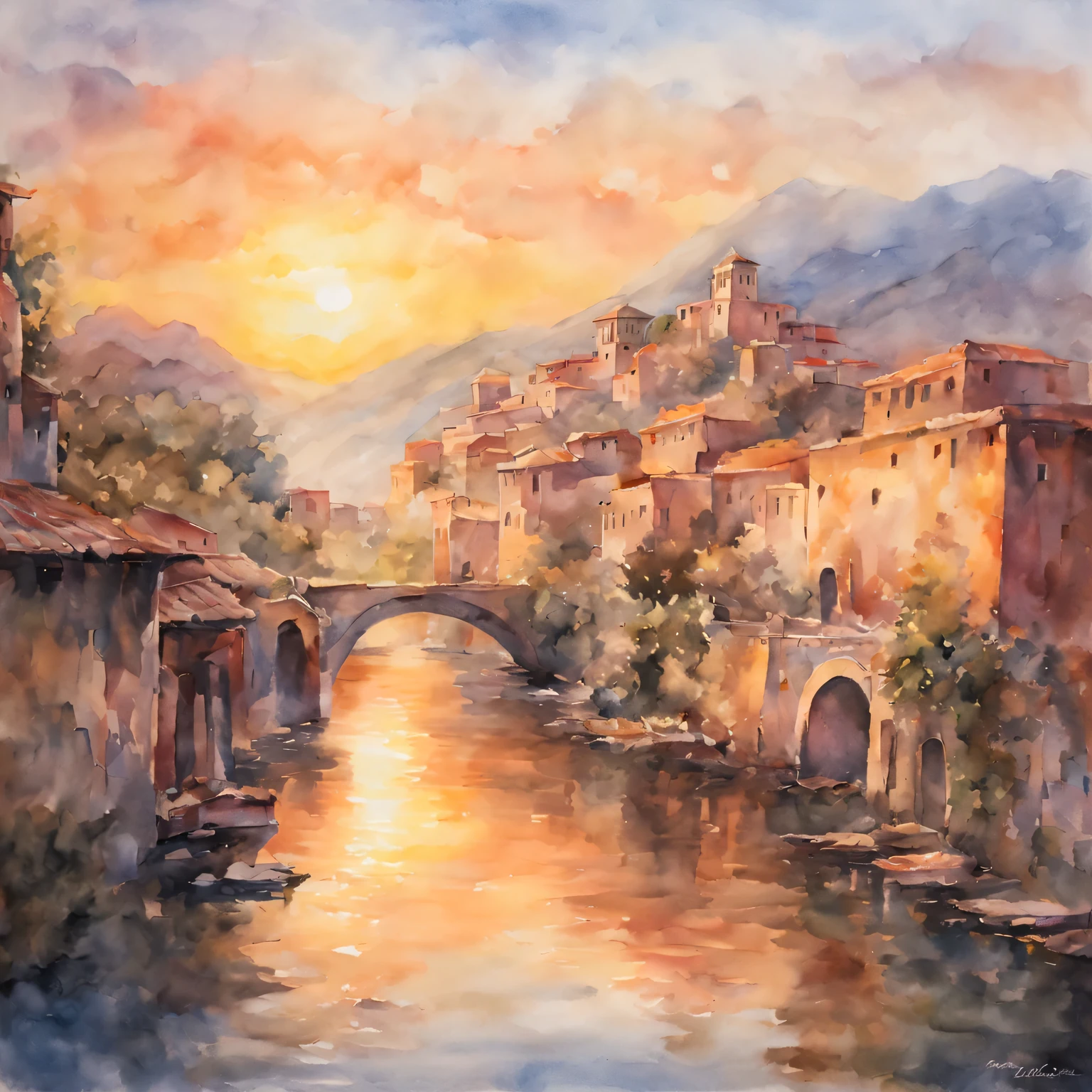 (masterpiece, best quality), traditional watercolor painting：ancient city under sunset，Warm colors，Soft brushstrokes，The game of light and shadow，Reflective water surface，peaceful atmosphere，charm，classic style，romantic atmosphere，Rose，Endless levels，soft edge，Exquisite details，fading light，distant mountains，Bright sky，peaceful