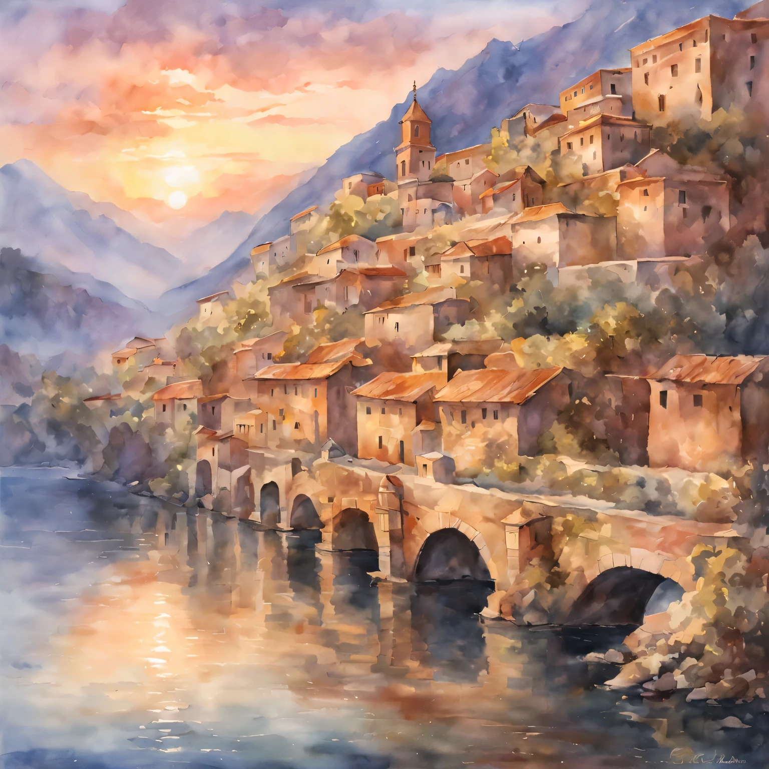 (masterpiece, best quality), traditional watercolor painting：ancient city under sunset，Warm colors，Soft brushstrokes，The game of light and shadow，Reflective water surface，peaceful atmosphere，charm，classic style，romantic atmosphere，Rose，Endless levels，soft edge，Exquisite details，fading light，distant mountains，Bright sky，peaceful