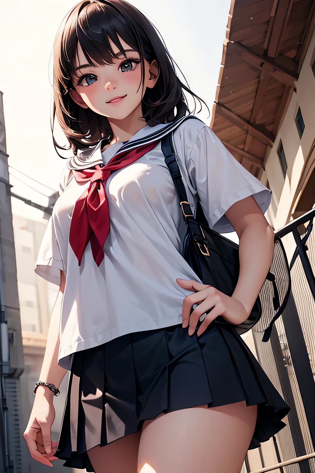 very cute and beautiful girl,(very detailed美しい顔と目:1.2),
(smile),embarrassing,black hair,Are standing,serafuku,navy blue pleated mini skirt,(from below),white panties,
summer,school rooftop,building,chain-link fence,
(highest quality,masterpiece:1.2),disorganized,High resolution,super detailed,very detailed,32K,8K resolution,
intricate details,movie-like scene,detailed background,alone,dynamic angle,
