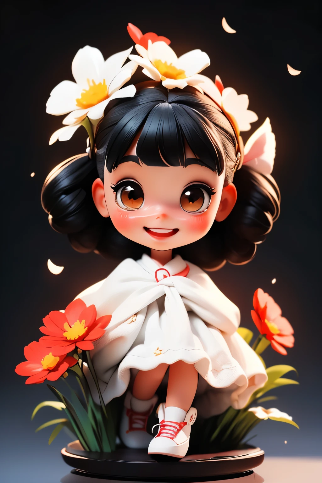 Photoreal、((Use white, black, and red))、doll、((dollの柔らかさを強調))、smile、In a cute pose、look up、look up、put your hands out in front of you、There are flowers in the front too...、wear cute shoes、season!!: summer ☀ 🍂