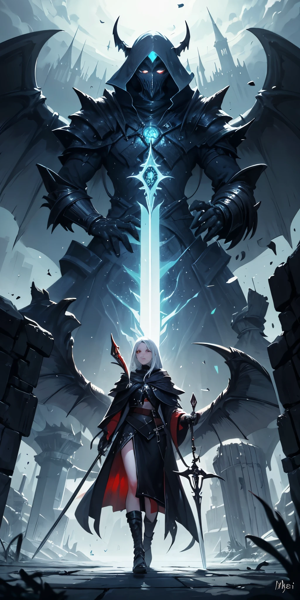 shigureuiloli,Magicka, aetherpunk, ahn'qiraj, dalaran,dungeons and dragons, titans, warlock,mercy,robe,holding scythe and a sword, magitek,magical fantasy 2d, castle, walking, magic, white hair and golden eyes, girl,wings,mask over face
