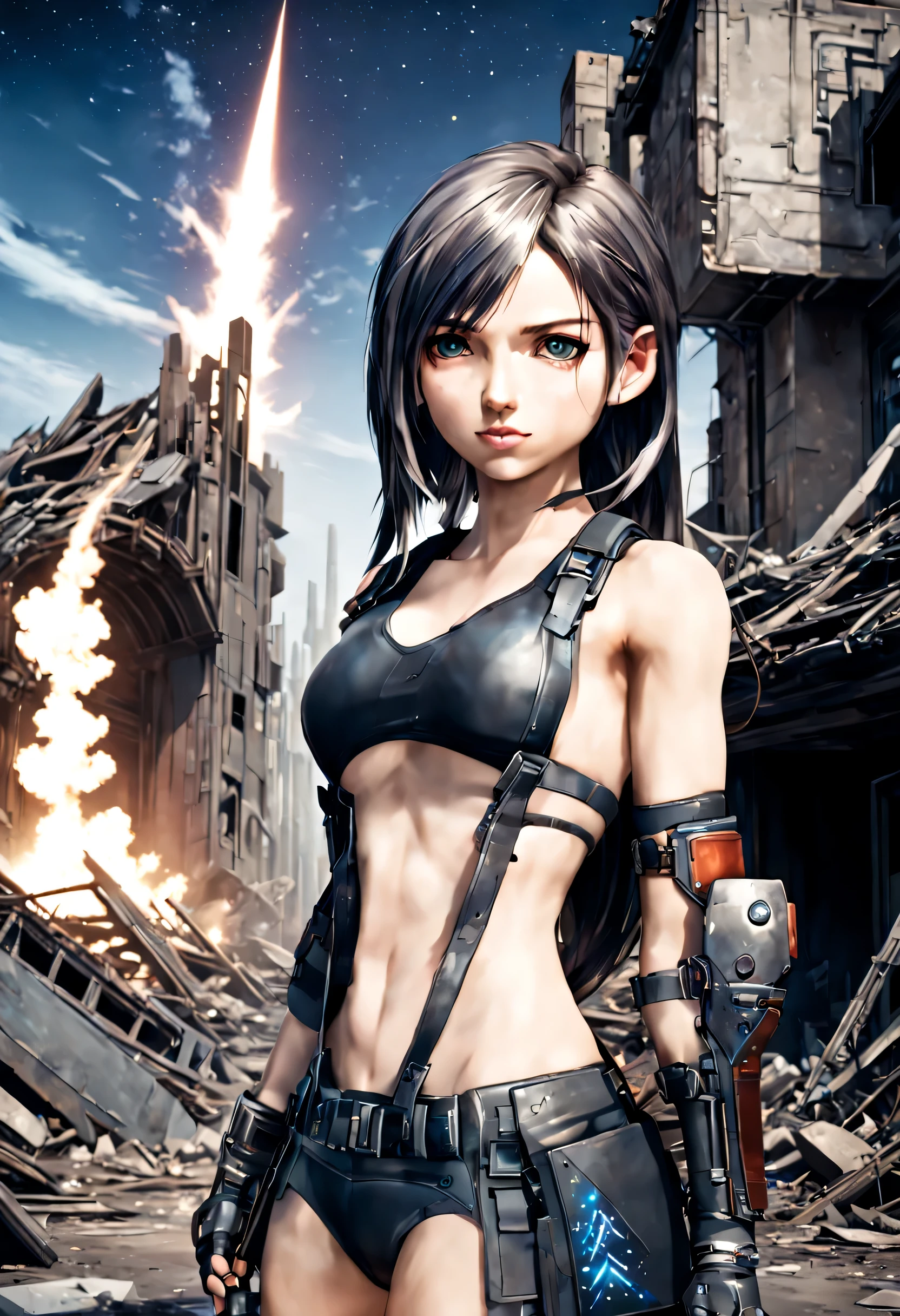 beautiful idol, bob cut hair, futuristic sci-fi Final Fantasy style feminine tactical bikini gear, holding blaster rifle, starring at the starry night sky, in the ruin of post apocalypse city, wide angle short,