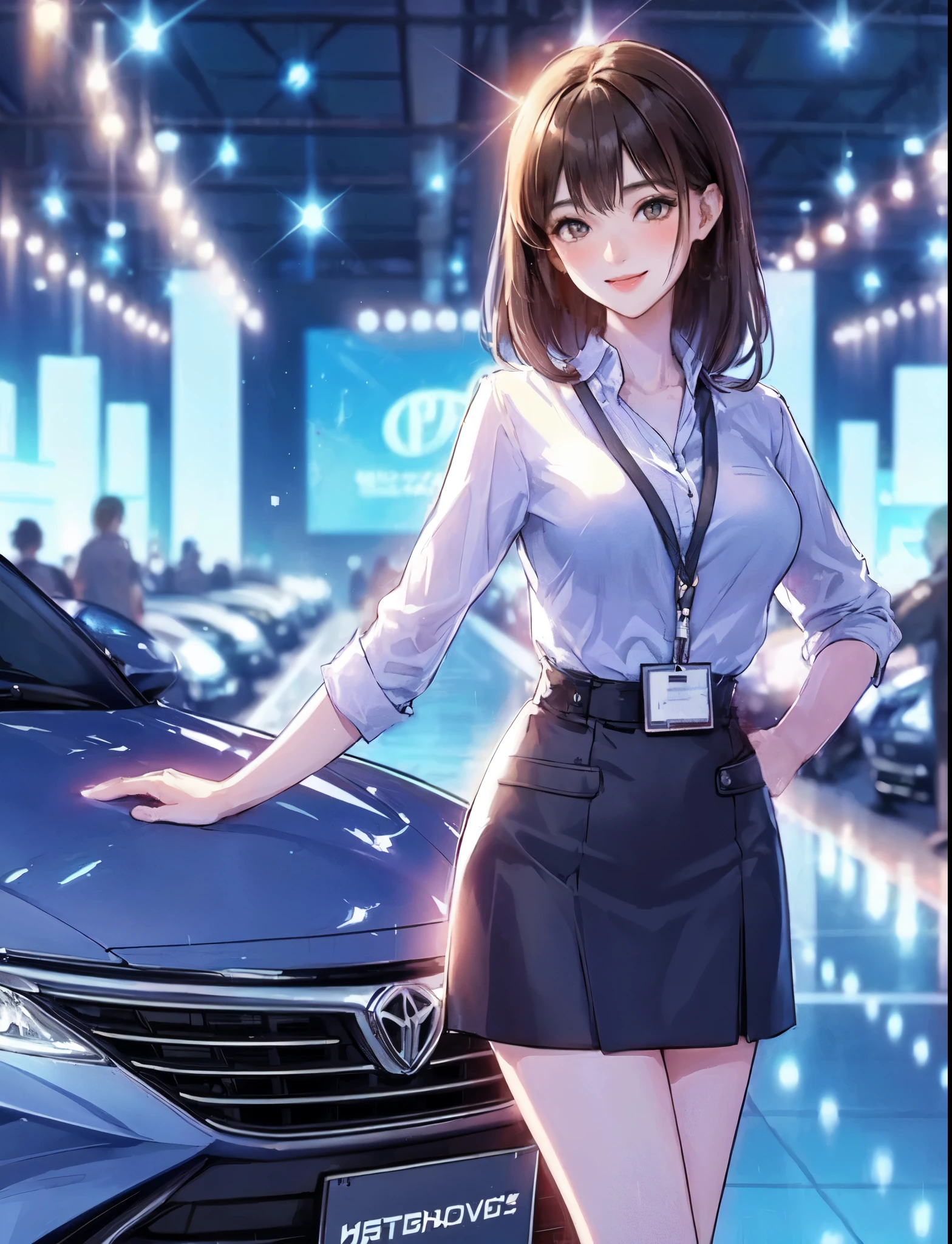 1lady solo standing, event staff (simple and chic costume), mature female, /(dark brown hair/) bangs, blush kind smile, (masterpiece best quality:1.2) delicate illustration ultra-detailed, large breasts BREAK (standing next to the latest model car), (holding pamphlet) BREAK (motor show indoors), audience, detailed background