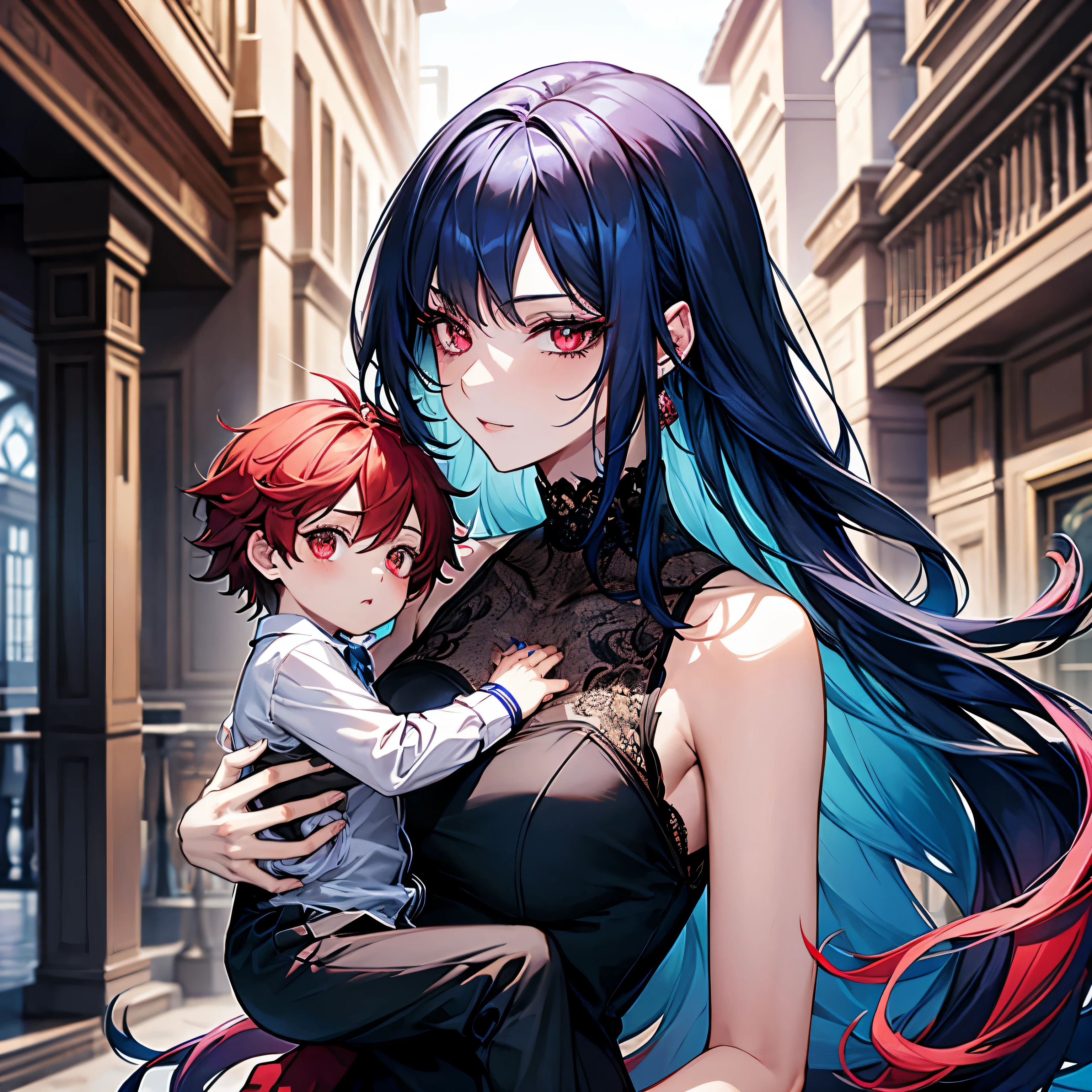 A pretty beautiful lady, red crimson eyes and blue hair, long hair, looking at you seductively, Black cocktail dress, carrying a 5 boy, a human, modern era, city, house, close up.
