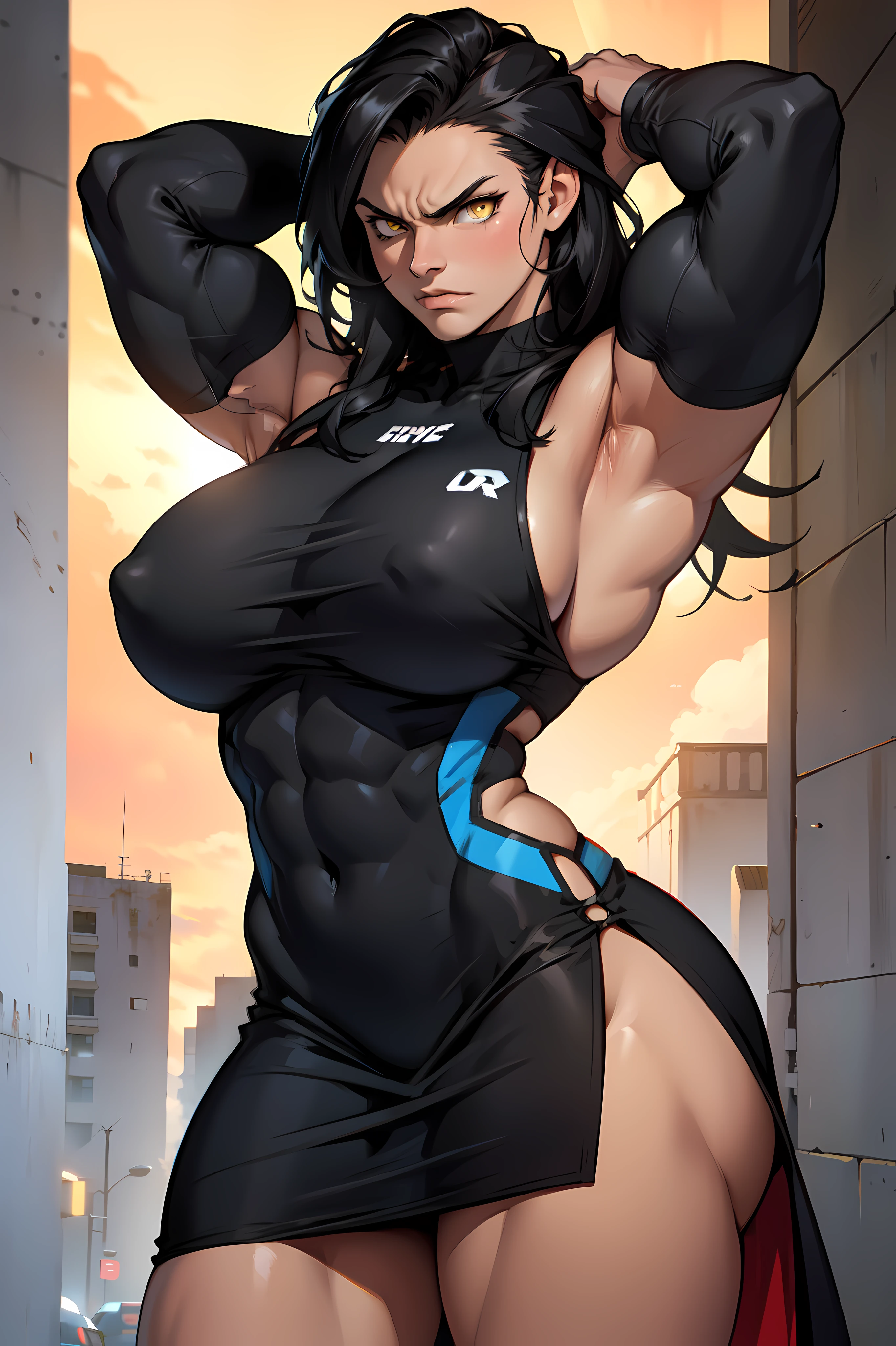 muscular toned body bodybuilder huge breasts black hair yellow eyes angry 1girl dress cowboy shot