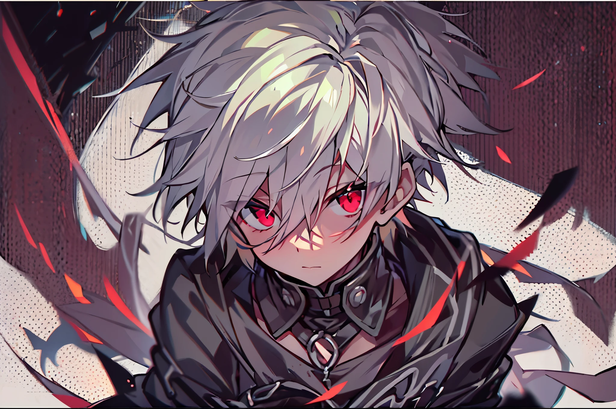 hight resolution,Anime boy with white hair and red eyes staring at camera, red eyes,slim, dressed in a black outfit,Shadow Body,Brown skin,monochromes,hair messy,Diagonal angle