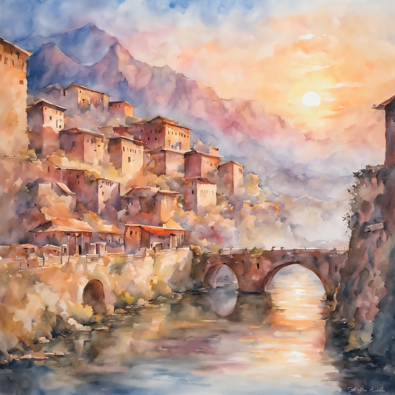 (masterpiece, best quality), traditional watercolor painting:ancient city under sunset,Warm colors,Soft brushstrokes,The game of light and shadow,Reflective water surface,peaceful atmosphere,charm,classic style,romantic atmosphere,Rose,Endless levels,soft edge,Exquisite details,fading light,distant mountains,Bright sky,peaceful
